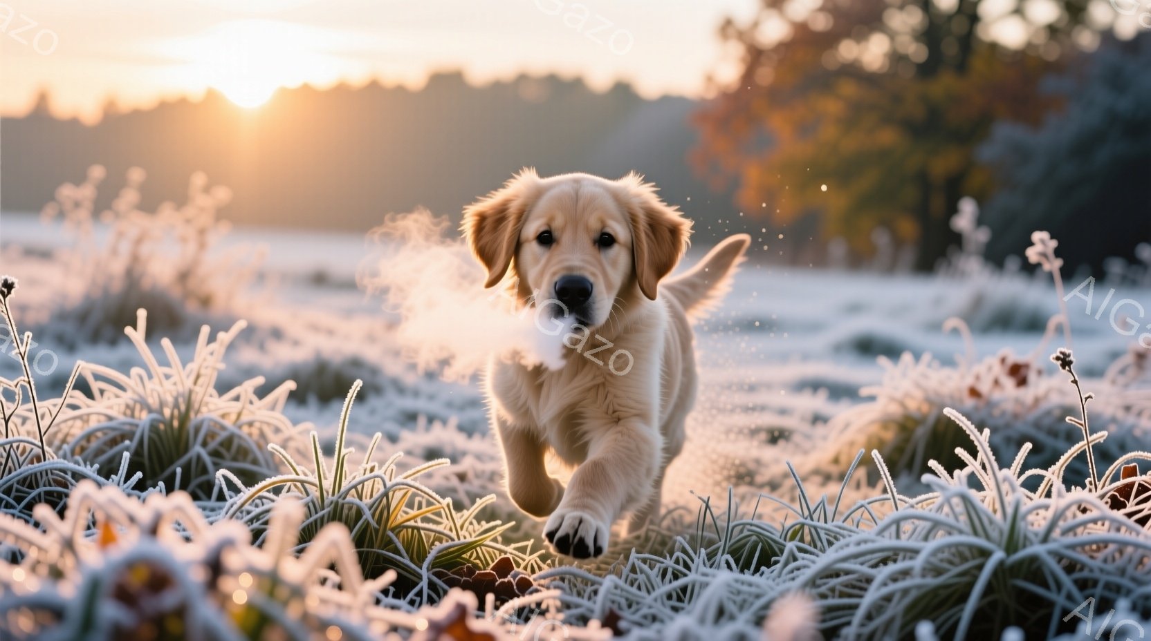 明るい金色の毛並みを持つゴールデンレトリバーの子犬が、霜が降りた草地を元気に走り回っている。背景にはぼやけた木々が見え、太陽の光が差し込み、全体的に暖かく、幸せな雰囲気を醸し出している。子犬の表情は活 - AI生成フリー素材