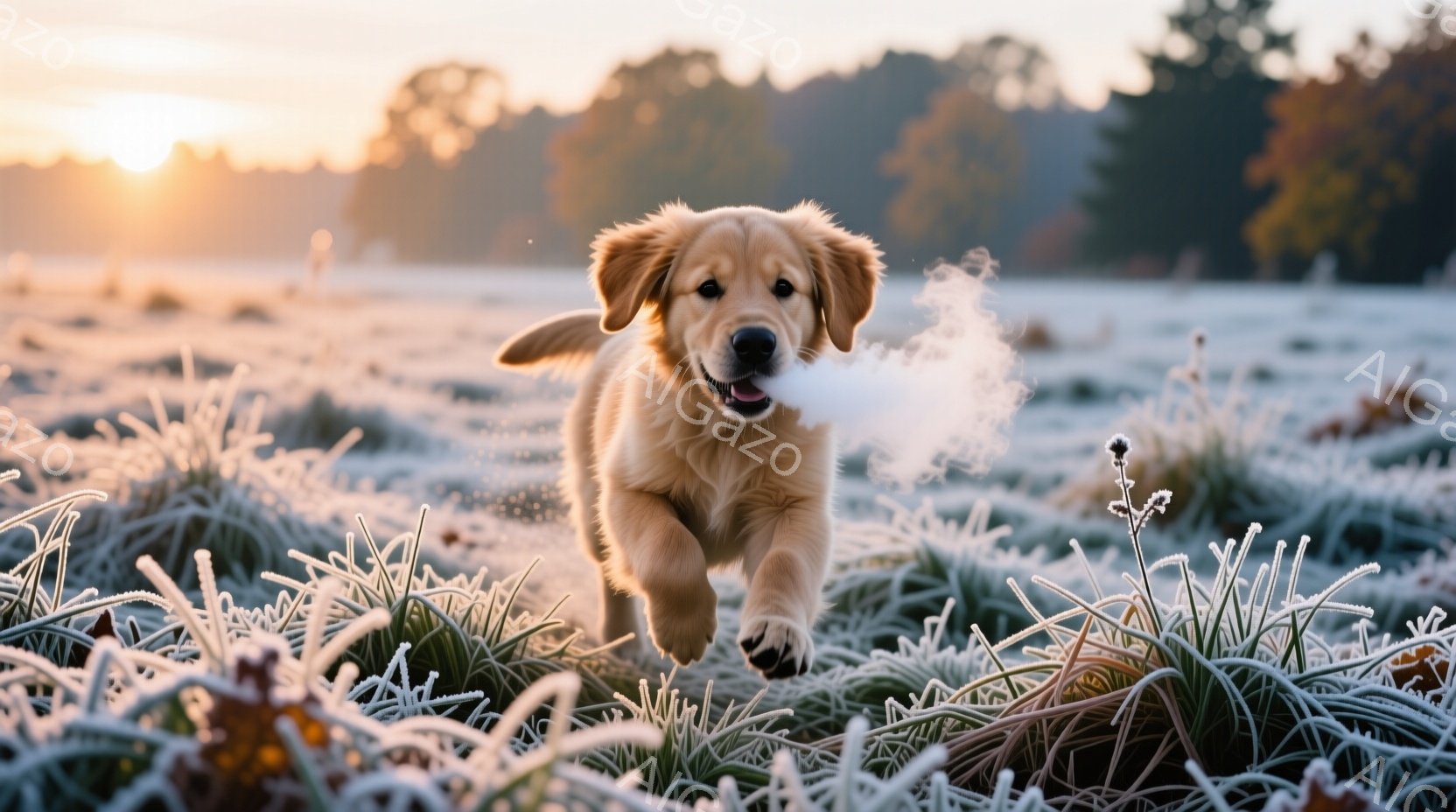 霜が降りた草原を、若いゴールデンレトリバーが勢いよく駆け抜けている。吐く息は白い蒸気となり、冷たい朝の空気を感じさせる。背景にはぼやけた木々と、日の出の暖かい光が広がっており、全体的に穏やかで活気のある雰囲気が漂っている。
