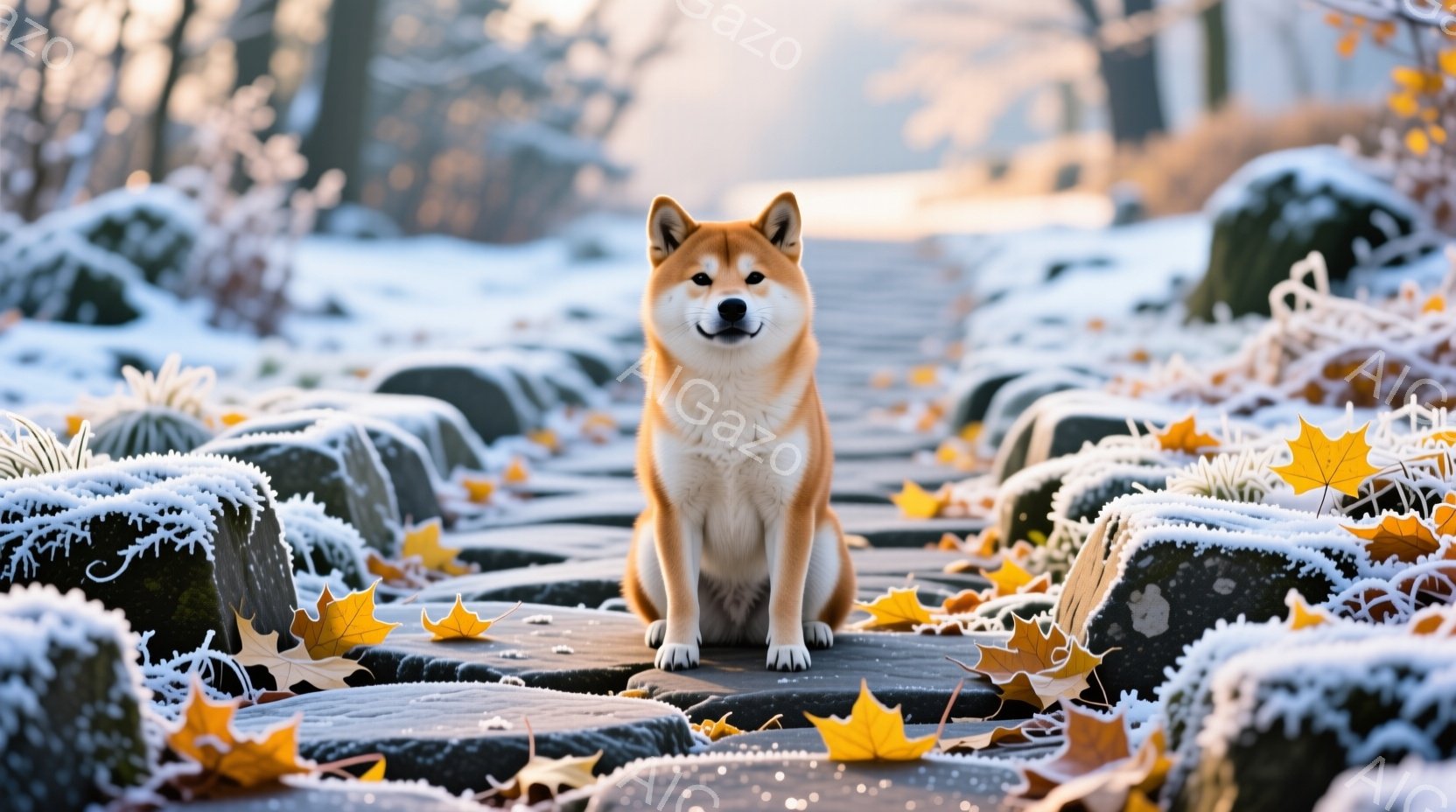 霜で覆われた石畳の道に、秋色の葉が散らばる中、柴犬がまっすぐ前を見つめて座っています。毛並みは艶やかで、表情は穏やかでどこか誇らしげです。背景は木々に覆われた冬の風景で、冷たく静謐な雰囲気が漂っています。
