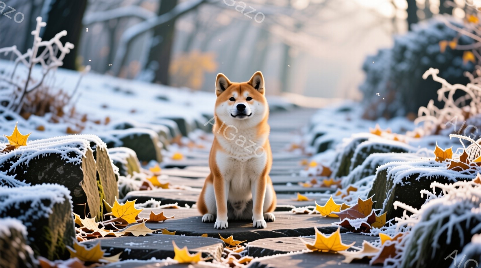 柴犬が木製の遊歩道に座っており、正面を見据えています。遊歩道の両脇には霜や雪で覆われた低い石の縁取りがあり、地面には落ち葉が散らばっています。背景は薄暗い冬の森で、光が差し込み、全体的に静かで穏やかな - AI生成フリー素材