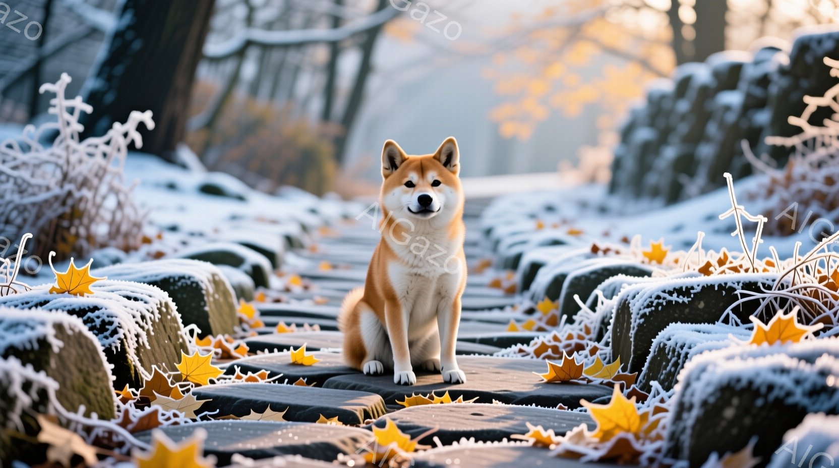 柴犬が石畳の道に座っています。犬は赤茶色の毛並みで、まっすぐ前を見て穏やかな表情をしています。背景には雪が積もった木々があり、落ち葉も散らばって冬の静寂な雰囲気が漂っています。 - AI生成フリー素材
