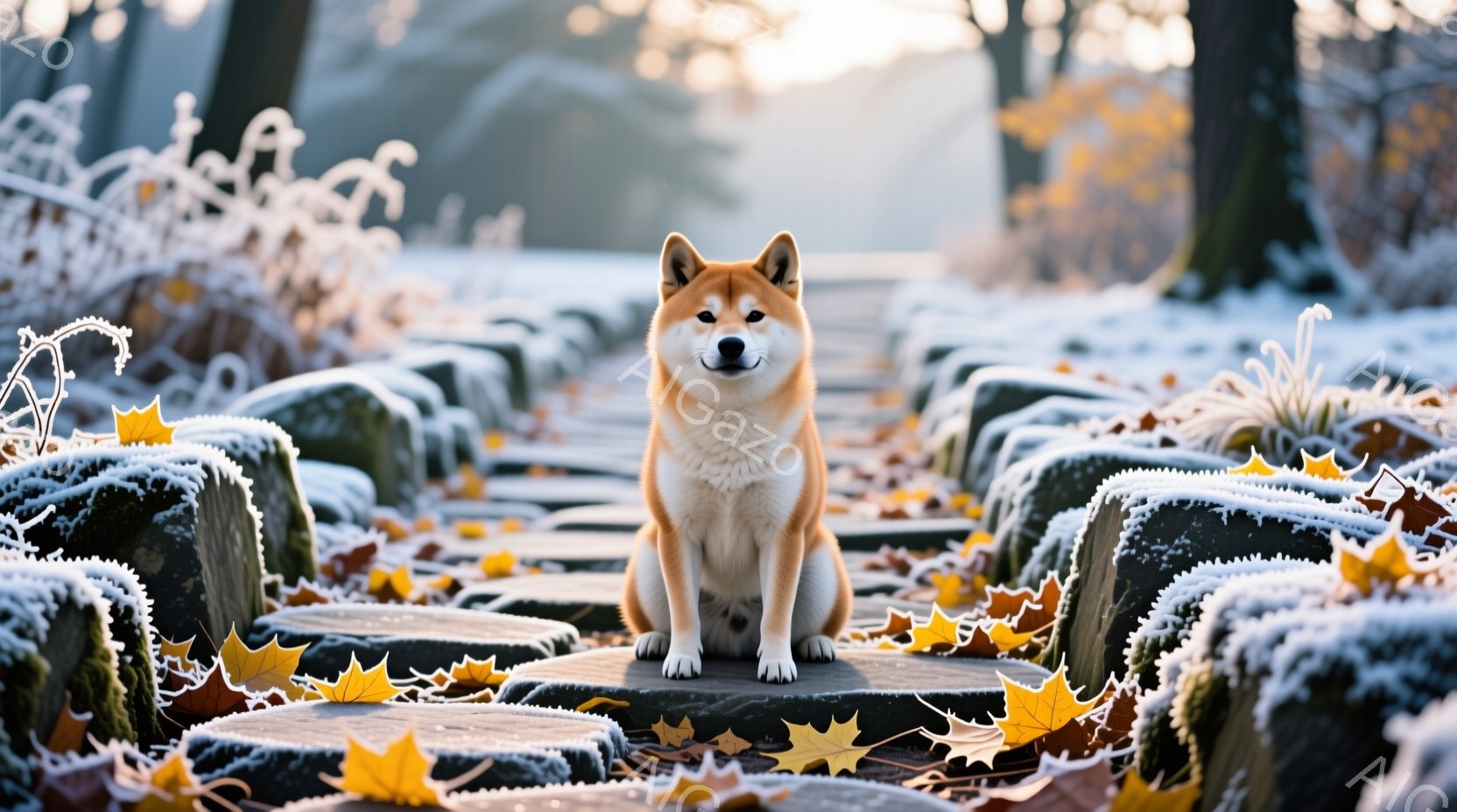 柴犬が霜で覆われた石畳の上に座っており、正面をまっすぐ見て穏やかな表情をしています。背景には霜が降りた木々と落ち葉が広がり、冬の静かで幻想的な雰囲気を醸し出しています。柔らかい光が差し込み、全体的に温 - AI生成フリー素材