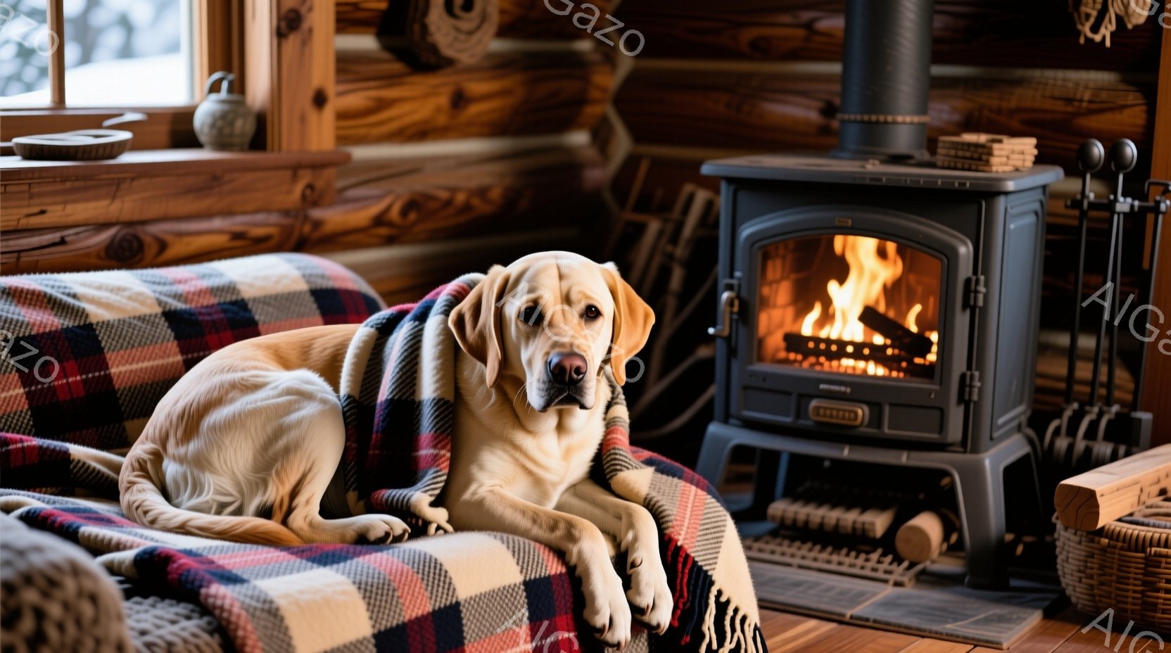 明るい毛並みのラブラドール・レトリバーが、赤と黒のチェック柄のブランケットの上に横たわっている。暖炉が燃えており、室内は木のぬくもりを感じさせる落ち着いた雰囲気だ。背景には薪が積まれ、冬の日の暖炉の前 - AI生成フリー素材