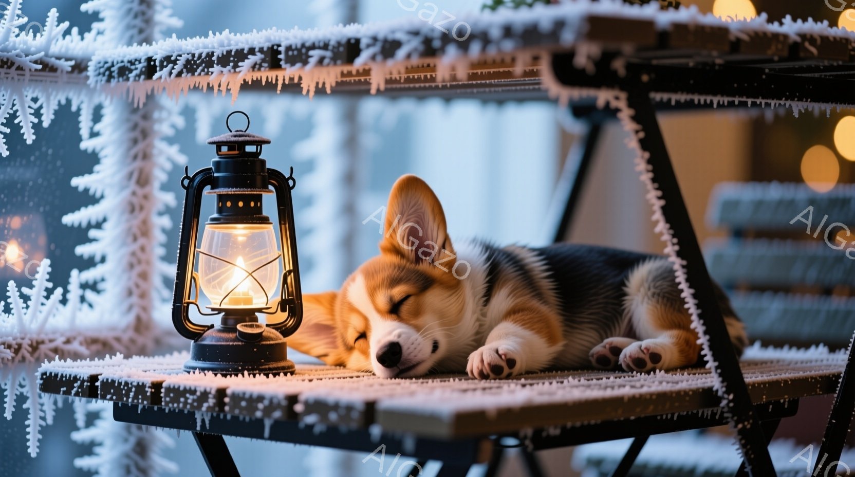 凍り付いた木製のテーブルの上に、コリー犬の子犬が丸まって眠っています。テーブルの上には古いスタイルの灯りが置かれ、温かい光を放っています。背景はぼやけていますが、雪で覆われた木々やぼんやりとした光が確 - AI生成フリー素材