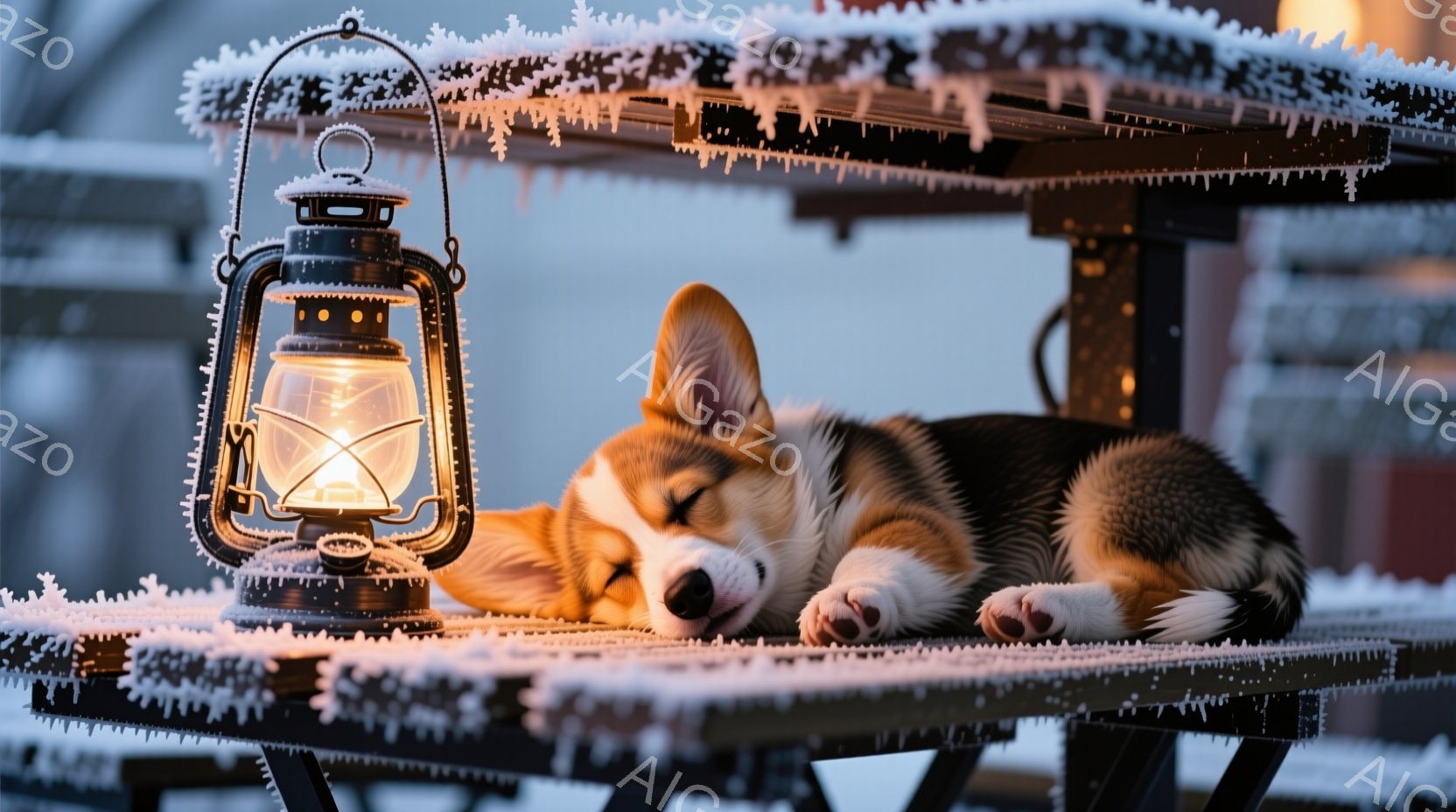 暖炉のような灯りを放つランタンの隣で、コーギーの子犬が丸まって眠っています。ランタンと木製のテーブルは霜で覆われ、背景には雪景色が広がっています。全体的に、静かで、暖かく、冬の穏やかな雰囲気が漂ってい - AI生成フリー素材