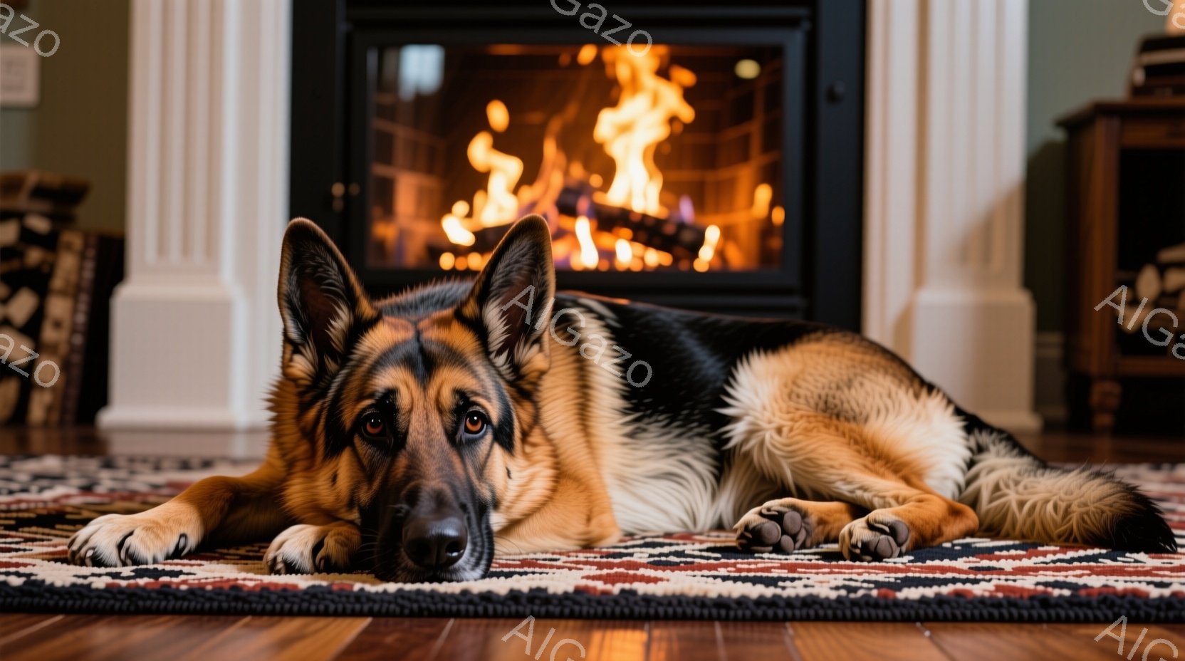 暖炉の前で横たわるジャーマンシェパードが写っています。犬はリラックスした表情で、前足を伸ばして床のカーペットの上にいます。背景には燃え盛る暖炉と、木製の家具が見え、全体的に暖かく居心地の良い雰囲気が漂 - AI生成フリー素材