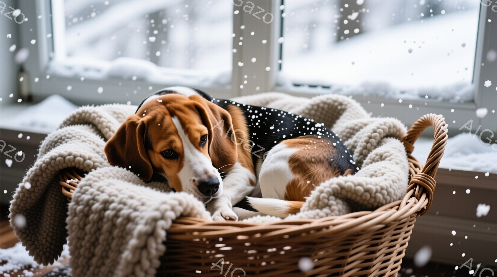 暖かい籐の籠の中に、ビーグル犬が丸まって横たわっています。その表情は穏やかで、どこか安心した様子です。背景には雪が降る窓が見え、冬の暖かく静かな雰囲気を醸し出しています。 - AI生成フリー素材