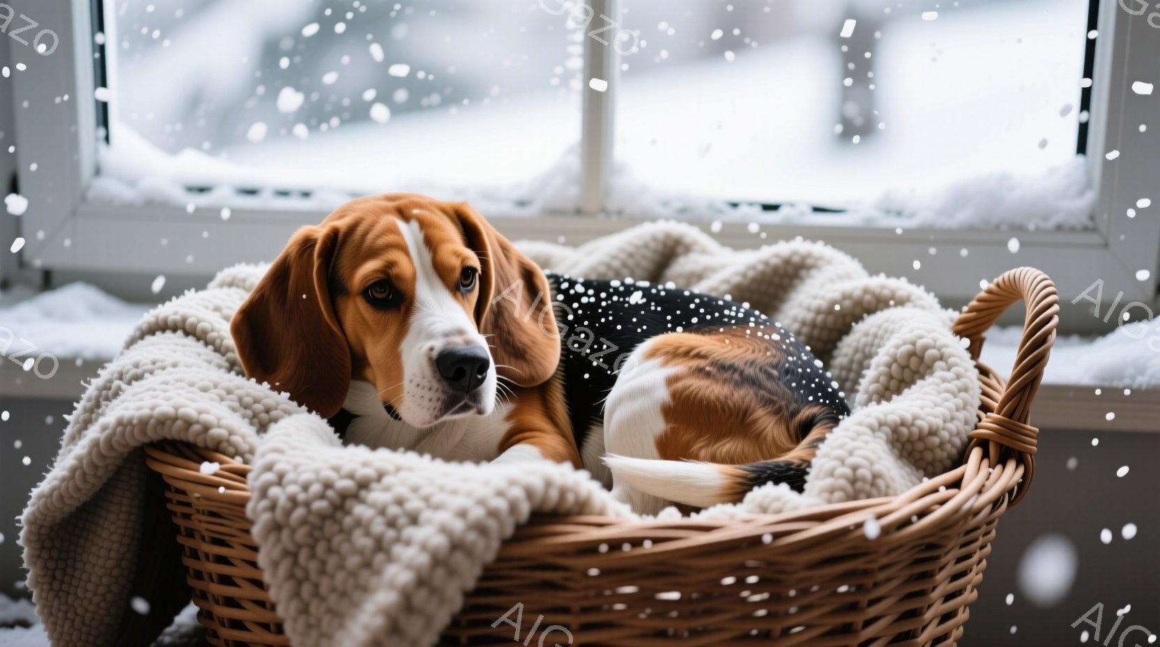 暖かい籐のバスケットにビーグル犬が丸まって眠っている。犬は白、茶色、黒の毛並みで、リラックスした表情を浮かべており、ふわふわの白い毛布に包まれている。背景には雪が降る窓があり、全体的に温かく穏やかな冬 - AI生成フリー素材