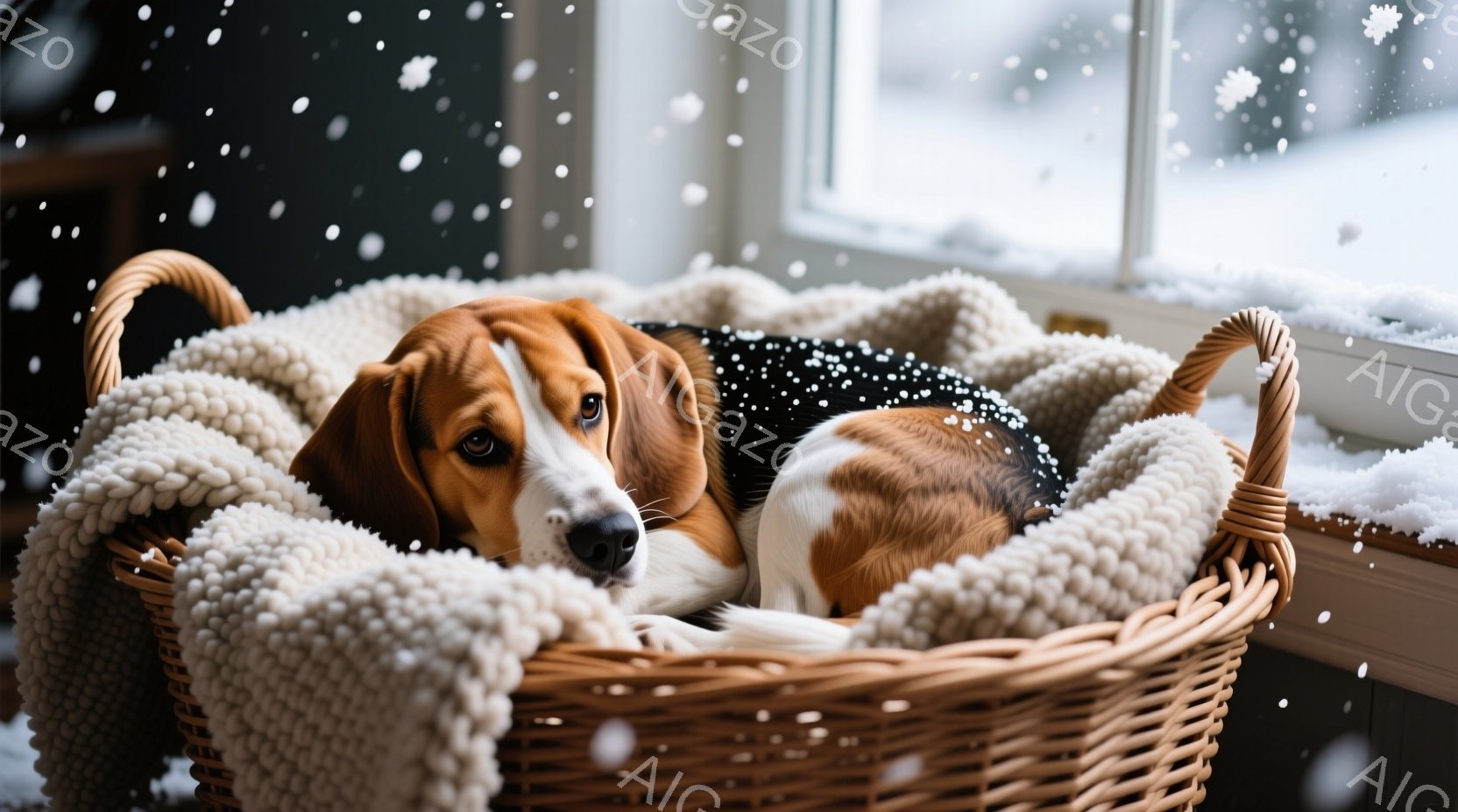 茶色と白のビーグル犬が、ふわふわの白い毛布で覆われた籐のバスケットの中に横たわっています。犬はリラックスした表情で、わずかに顔を上げてこちらを見ています。背景には雪が降る冬の景色が見え、暖かく穏やかな - AI生成フリー素材