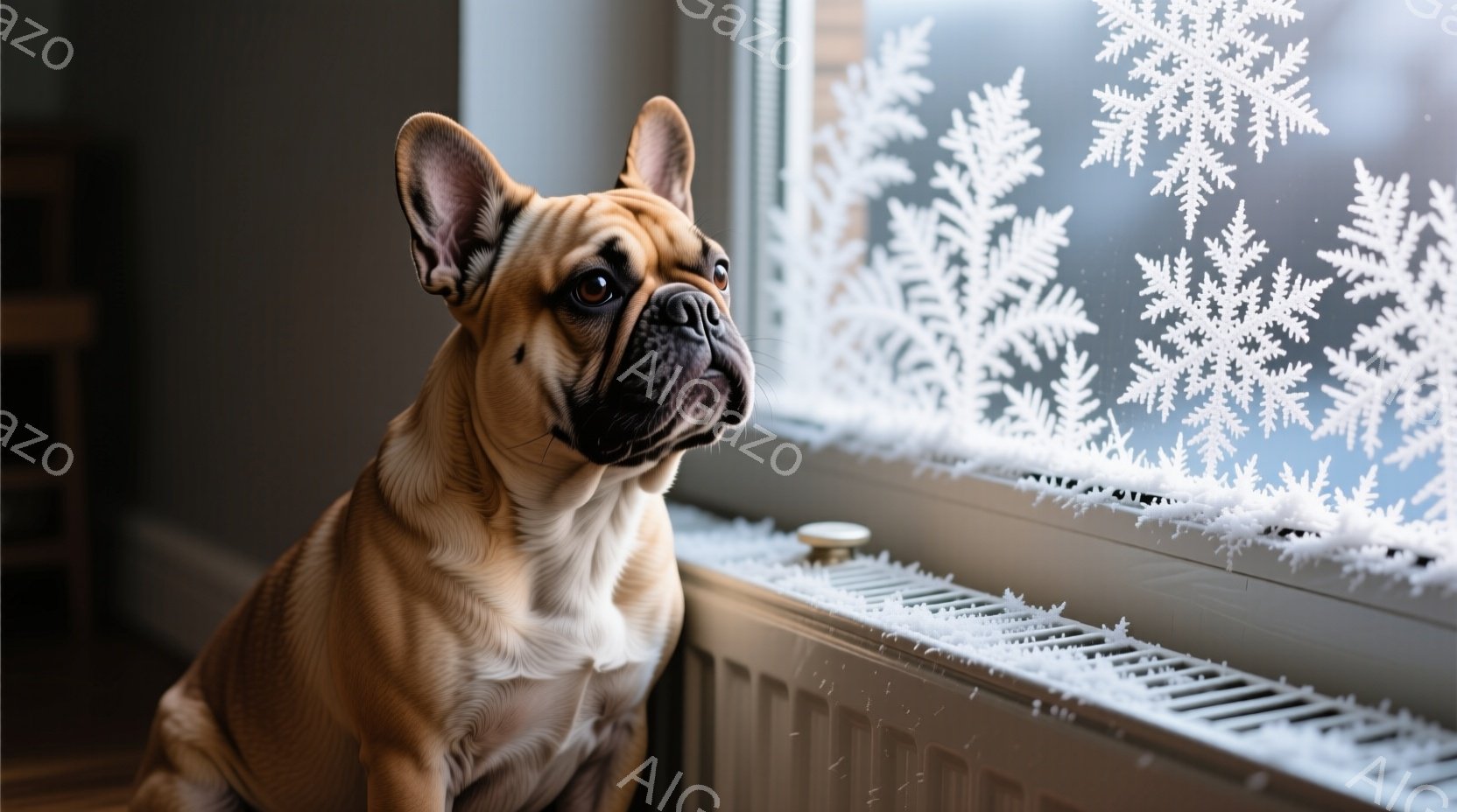 白い雪の結晶のステッカーが貼られた窓辺に、クリーム色のフレンチブルドッグが座って外を見つめています。その表情は少し物憂げで、まるで冬の景色を contemplation しているかのようです。背景には暖房器具が見え、室内は暖かく、雪景色とのコントラストが印象的です。