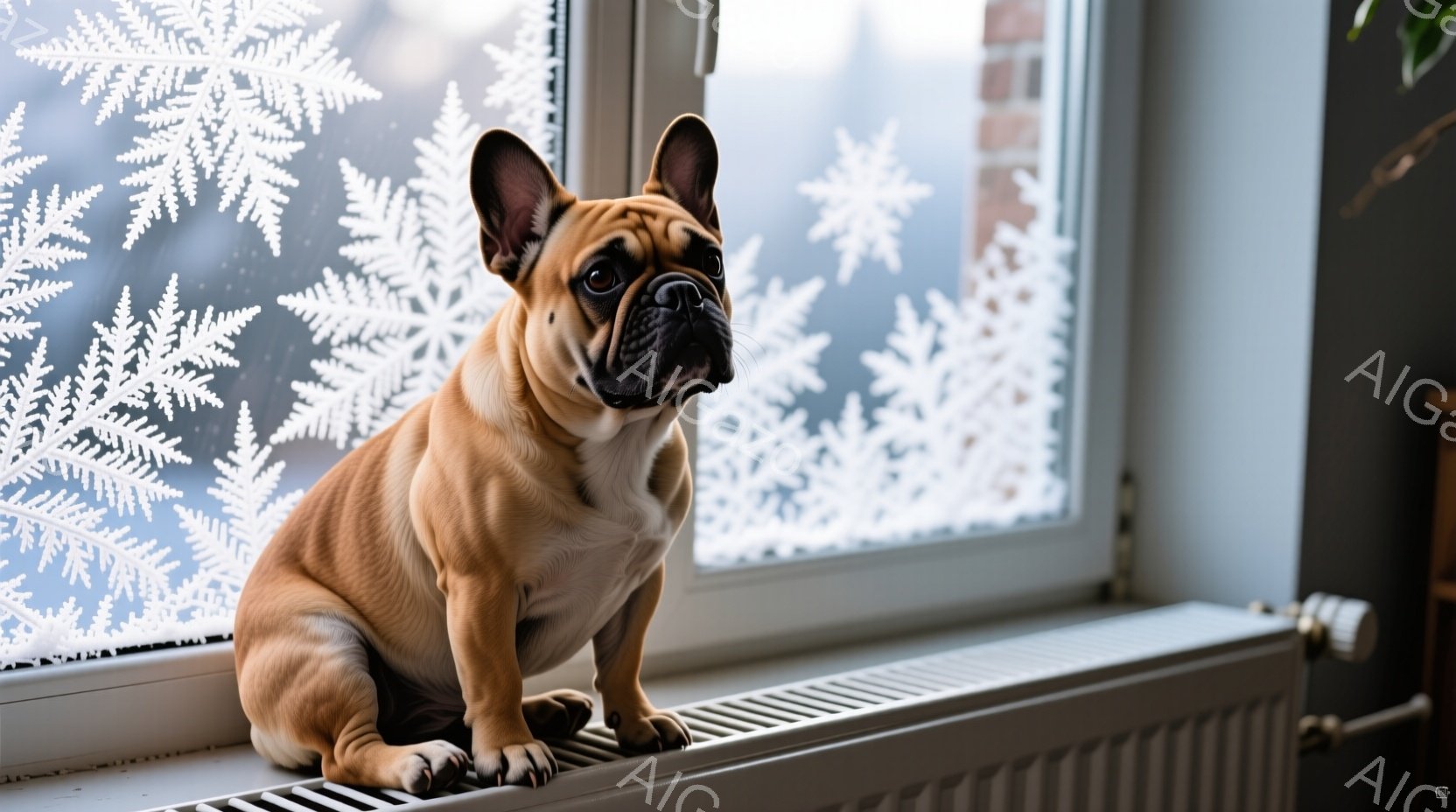 白い雪の模様が貼られた窓辺に、タン色のフレンチブルドッグが座っています。犬は正面を見て少し首をかしげた表情で、暖房器具の上に乗ってリラックスした様子です。背景にはぼやけた建物が見え、冬の穏やかな室内空 - AI生成フリー素材