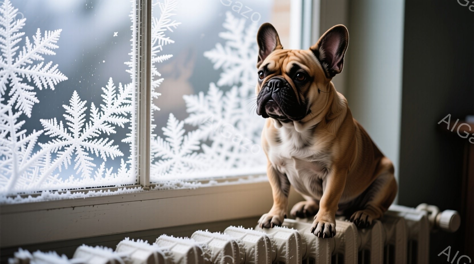 白い霜模様の窓辺に、ベージュ色のフレンチブルドッグが座っています。犬は少し憂いを帯びた表情で、遠くを見つめており、暖房器具の上に前足を乗せてリラックスした姿勢です。背景はぼやけた冬景色で、全体的に静か - AI生成フリー素材