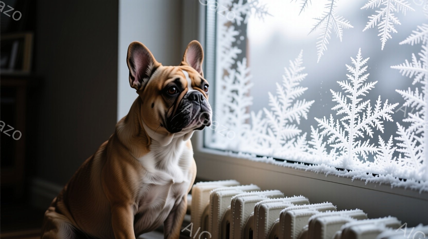 窓辺にベージュと白の毛並みのフレンチブルドッグが座っており、少し上を見つめている。背景には雪の結晶の模様が描かれた窓があり、暖房器具が犬の下に配置されている。全体的に穏やかで静寂な冬の日の雰囲気が漂う - AI生成フリー素材