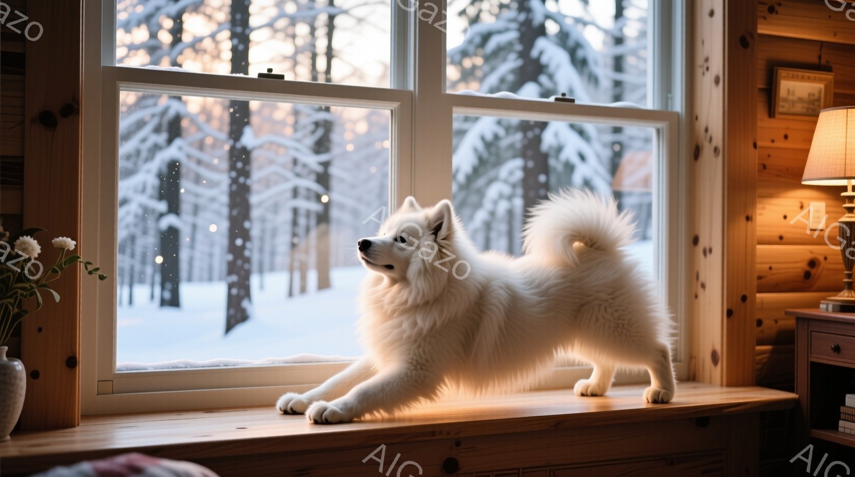 白い窓辺に、ふわふわの白い犬が前足を伸ばして座っている。窓の外には雪景色が広がり、木々は雪で覆われている。室内は木製の家具で暖かく、落ち着いた雰囲気で、冬の静けさが感じられる。 - AI生成フリー素材