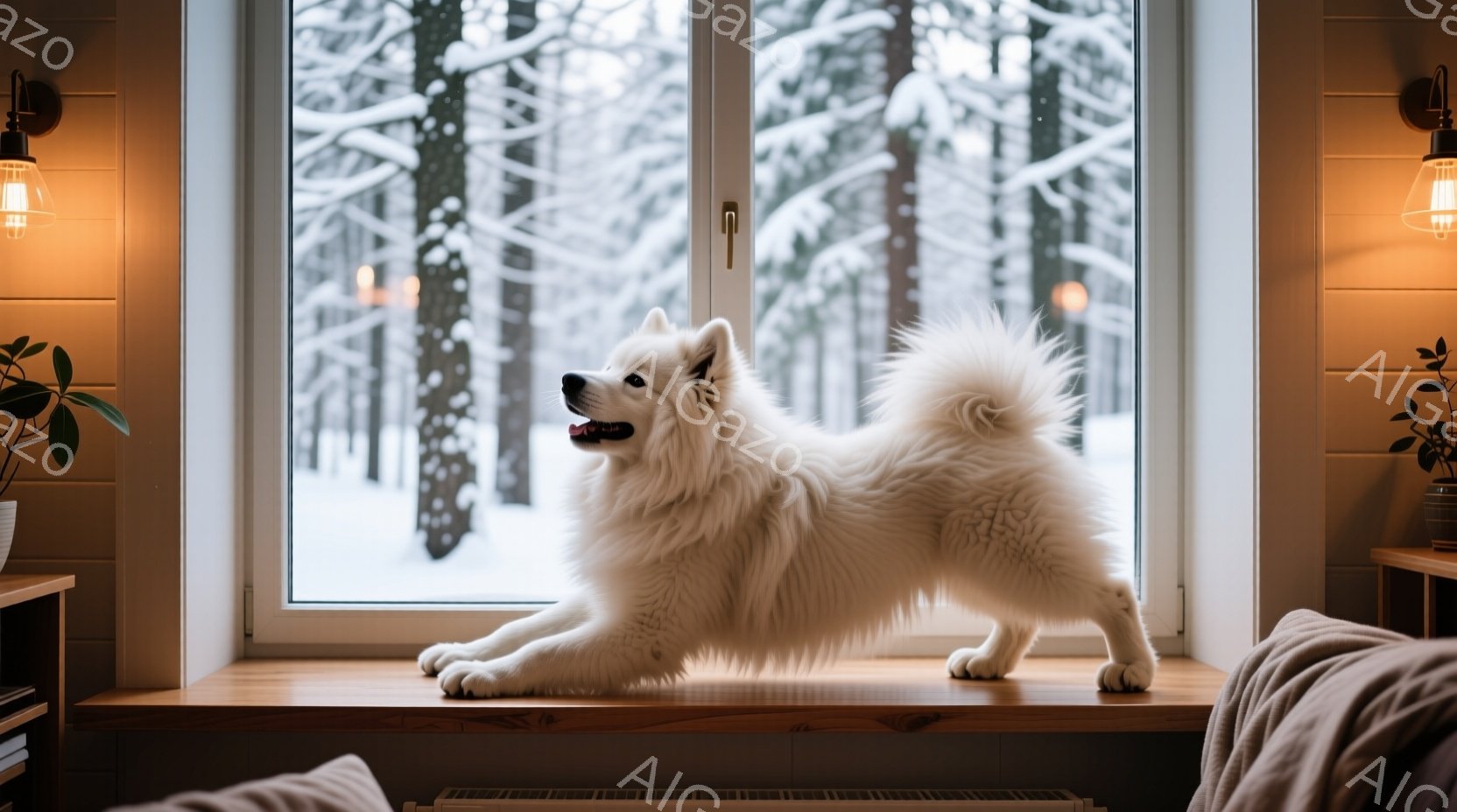 白い窓枠に、ふわふわの白い犬が前足を伸ばして立っている。窓の外には雪景色が広がり、木々が雪に覆われているのが見える。室内は暖かく、リラックスした雰囲気が漂っている。 - AI生成フリー素材