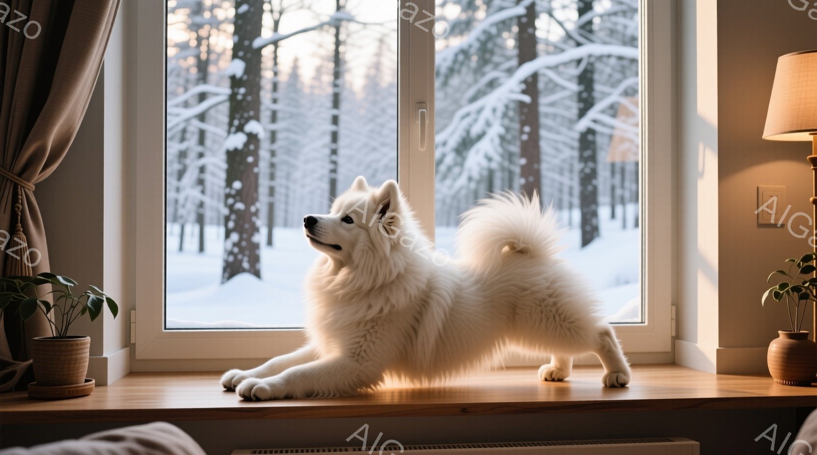 白いサモエド犬が窓辺の木製の台に前足を伸ばして立っており、外の雪景色を眺めている。背景には雪に覆われた木々が広がり、暖かく穏やかな冬の日の雰囲気が漂っている。室内は落ち着いた色調で、植物や電気器具が置 - AI生成フリー素材
