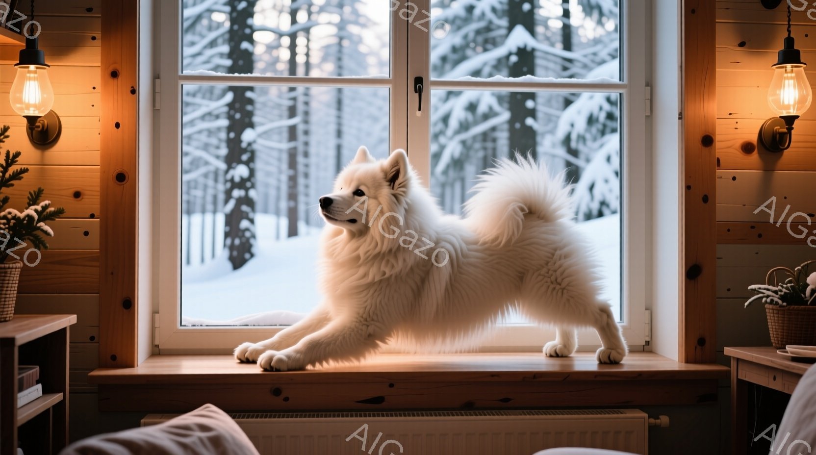 白い窓辺に、ふわふわの白い犬が伸びをしています。背景には雪に覆われた森が広がり、暖炉のような柔らかな光が室内を照らしています。全体的に、冬の静かで穏やかな、温かい雰囲気が漂っています。 - AI生成フリー素材