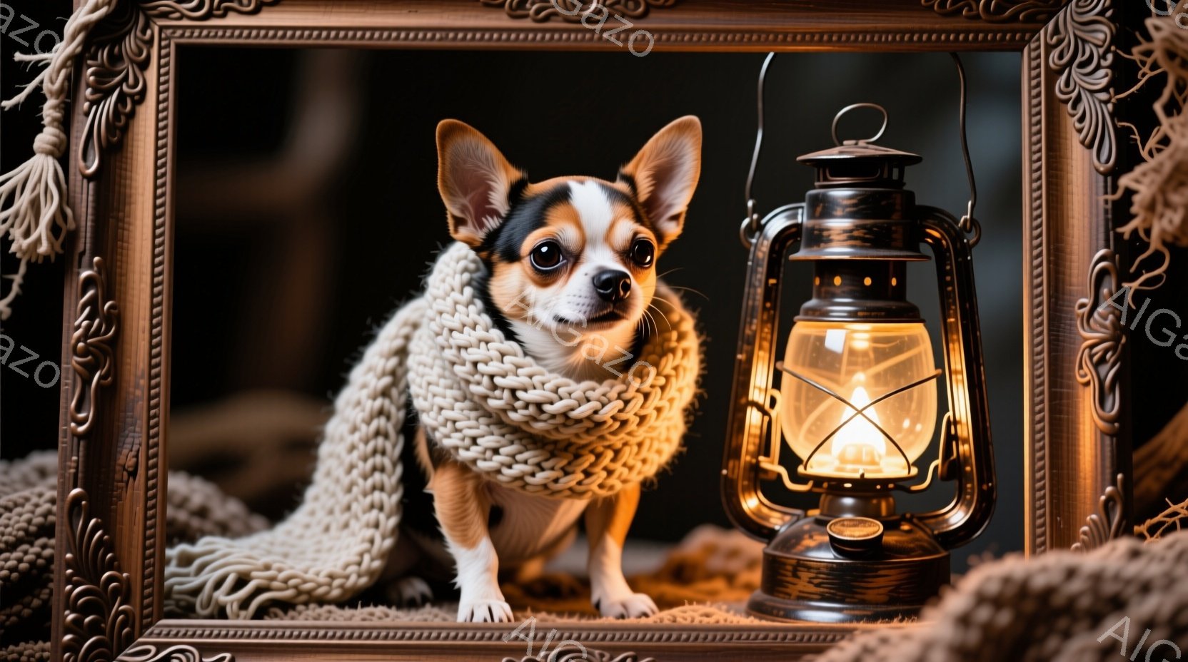 小さなチワワが、クリーム色の編み物のマフラーを首に巻いて、フレームの中に座っています。その表情は真剣で、少し前を見つめています。背景は暗く、手編みの模様と、点灯した古いランプが暖かく光を放ち、冬の落ち - AI生成フリー素材