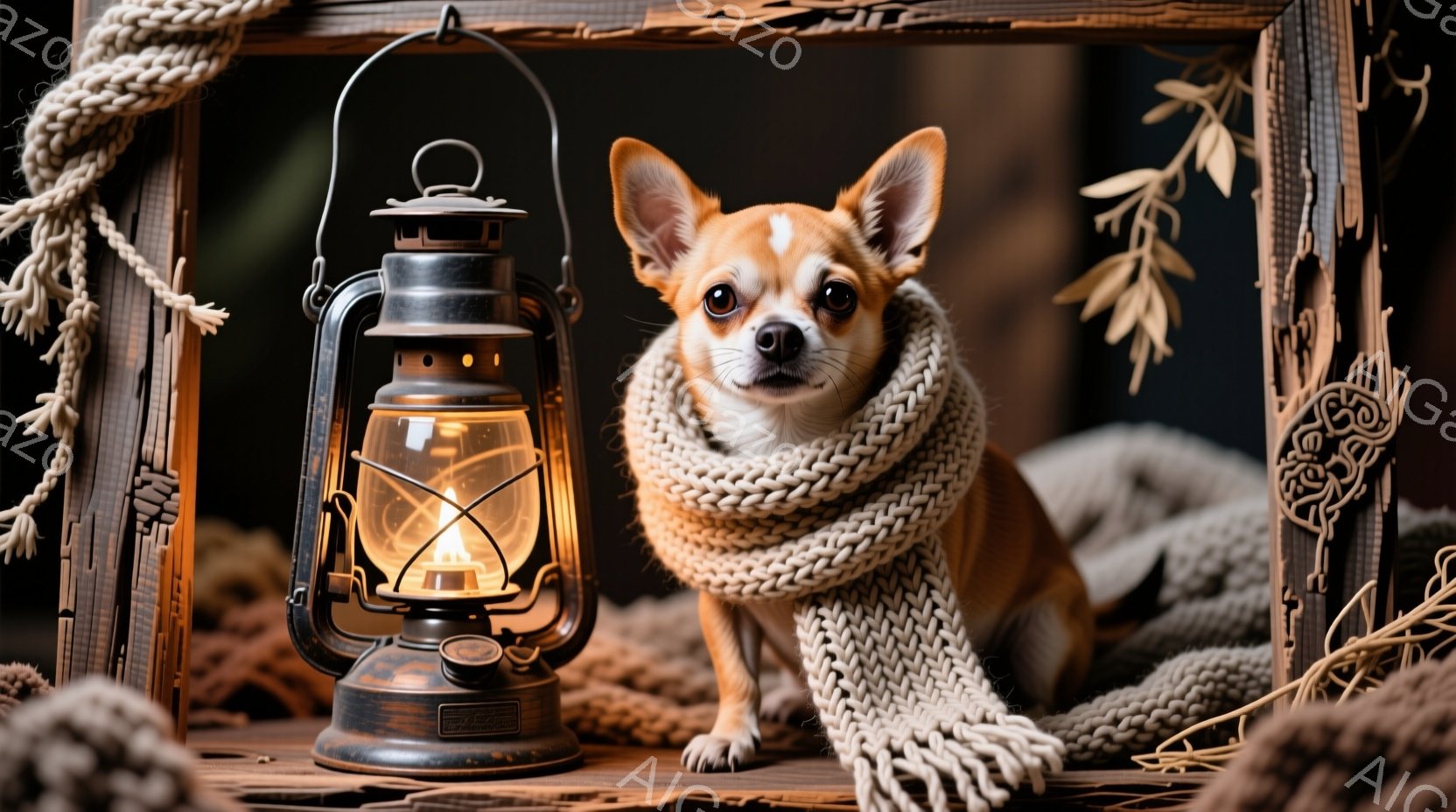 小さなチワワが、太めのオフホワイトの編みマフラーを巻いてカメラを見つめています。背景には、古い石油ランタンとロープ、そしてドライフラワーが配置されており、全体的に温かく落ち着いた雰囲気です。犬は前足を - AI生成フリー素材