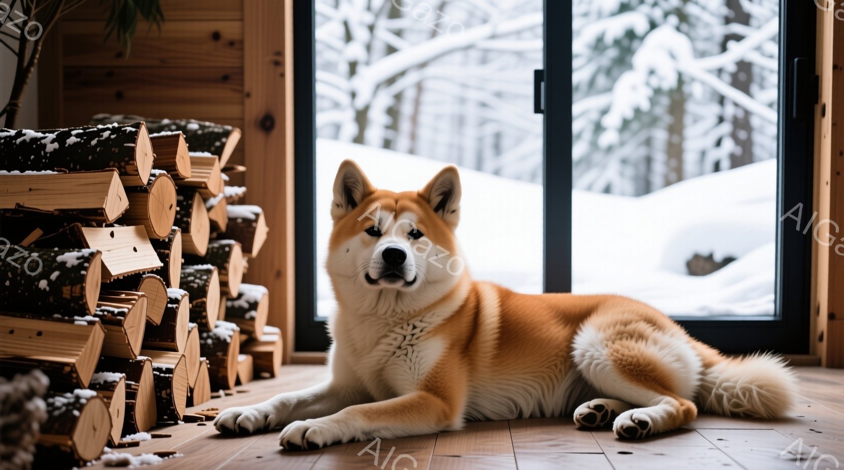 赤褐色の秋田犬が、木の床に横たわってこちらを見つめています。背景には薪の山と、雪景色が広がる大きな窓があり、室内は暖かく落ち着いた雰囲気です。犬の毛並みは艶やかで、穏やかでリラックスした表情が印象的で - AI生成フリー素材