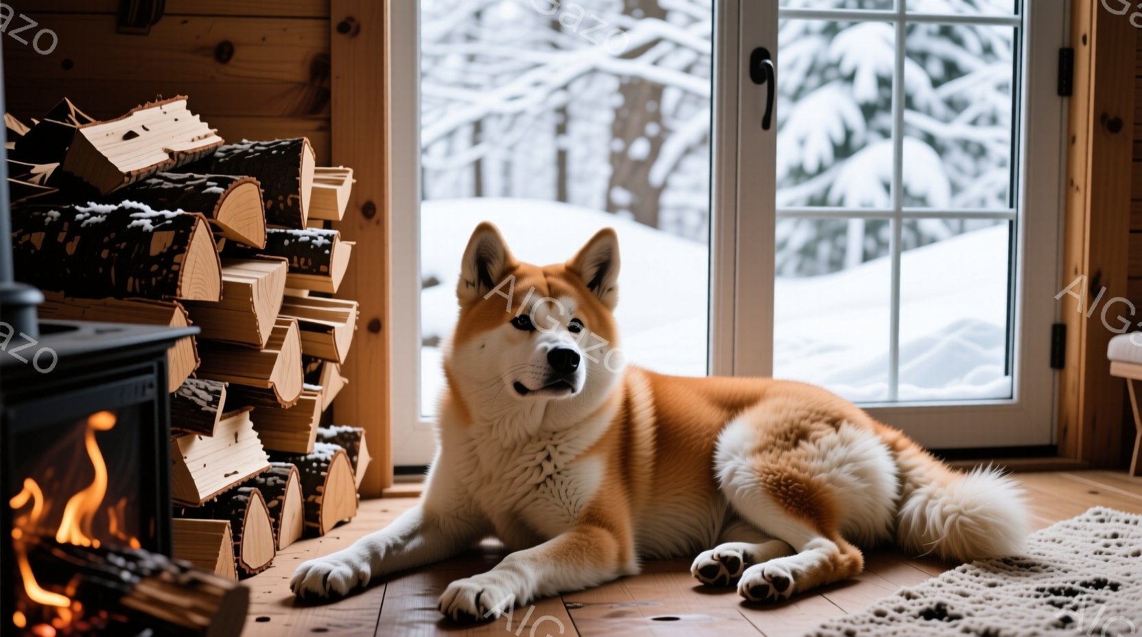 赤い毛並みの秋田犬が、木の床に横たわってこちらを見ています。背景には薪が積まれたストーブと雪景色が見える窓があり、暖炉の炎が灯っています。全体的に、暖かく穏やかな冬の日の雰囲気が漂っています。