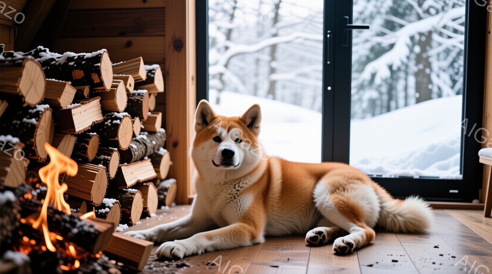 暖炉のそばの木の床に、赤褐色の秋田犬がゆったりと横たわっています。窓の外には雪景色が広がり、冬の静寂な雰囲気を醸し出しています。犬は落ち着いた表情で、リラックスした様子が伝わってきます。 - AI生成フリー素材