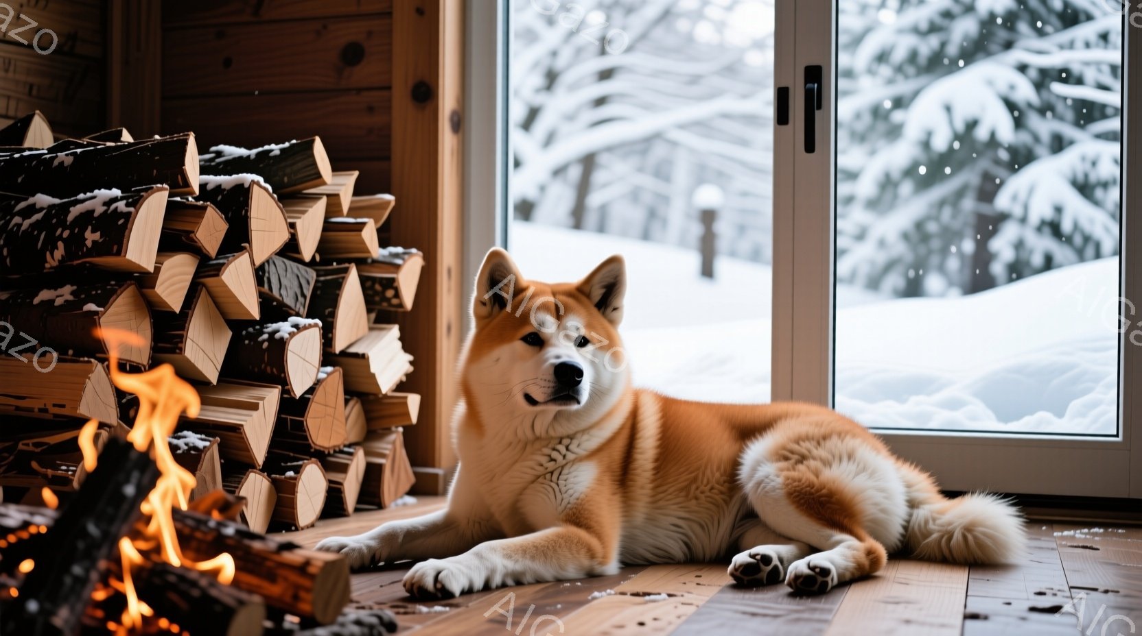 あたたかい木の床に、赤褐色の柴犬が横たわっています。柴犬はリラックスした表情で、窓の外の雪景色を眺めています。背景には薪が積まれた壁と、雪に覆われた森が見え、室内は暖かく穏やかな雰囲気が漂っています。 - AI生成フリー素材