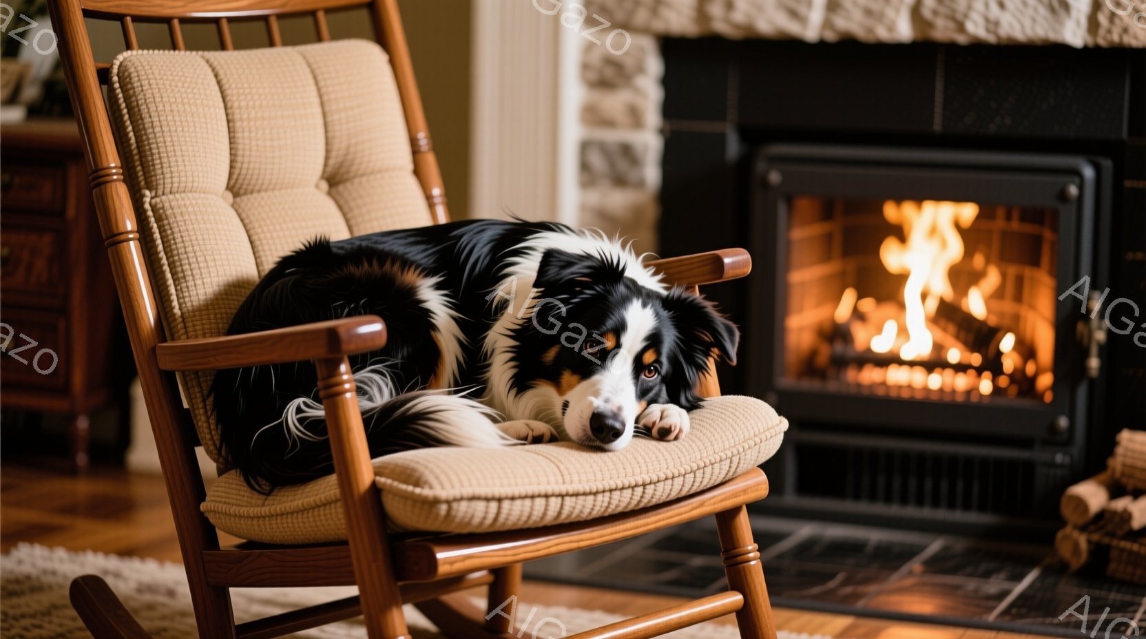 一脚のロッキングチェアに、毛並みの美しいボーダーコリーが横たわっています。暖炉が燃え盛る室内で、犬はリラックスした表情で目を細めており、穏やかで温かい雰囲気が漂っています。ロッキングチェアの背景にはレ - AI生成フリー素材