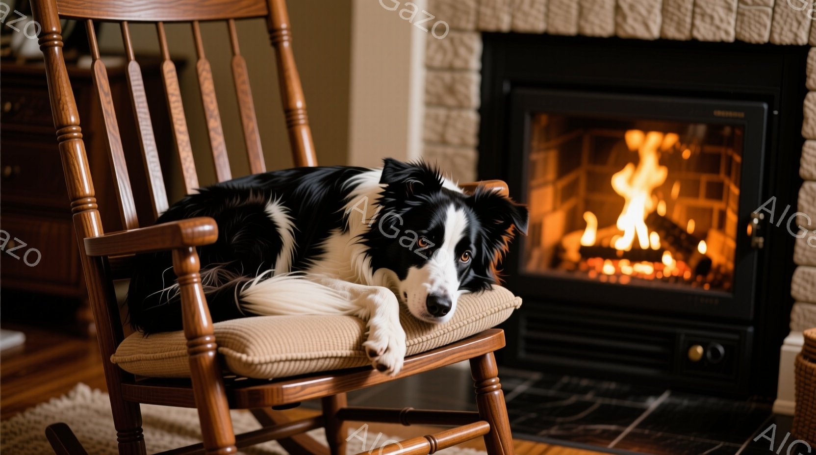暖炉のそばにあるロッキングチェアに、黒と白のボーダーコリーが横たわっています。犬はリラックスした表情で、片方の前足を椅子の肘掛けに乗せ、穏やかな雰囲気を醸し出しています。暖炉の炎が暖かく灯り、部屋全体を優しい光で満たしています。