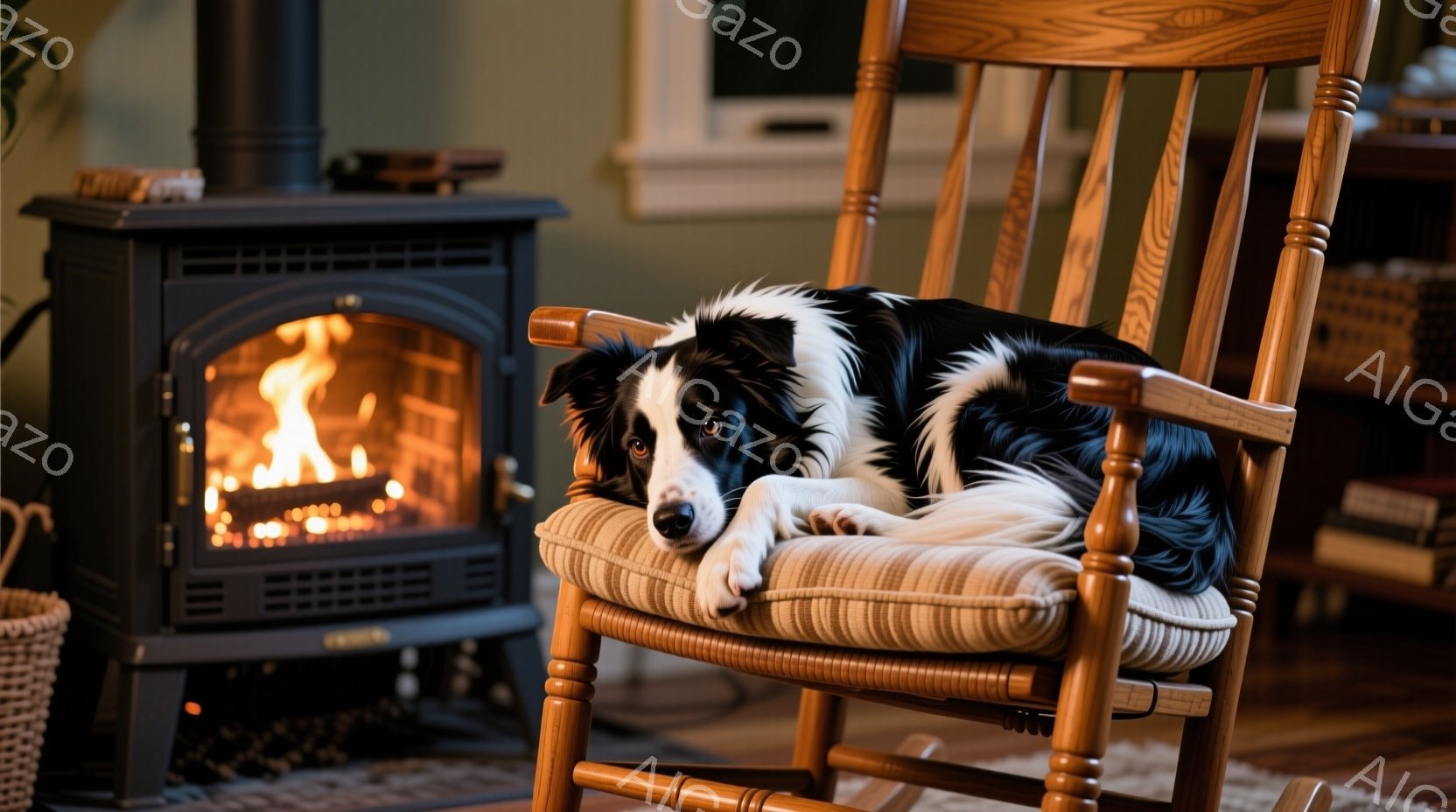 暖炉のそばにあるロッキングチェアに、黒と白のボーダーコリーが横たわっています。犬は落ち着いた表情で、リラックスした様子で椅子に身を委ねています。背景には木の床と棚が見え、暖炉の火が部屋全体を温かく照ら - AI生成フリー素材