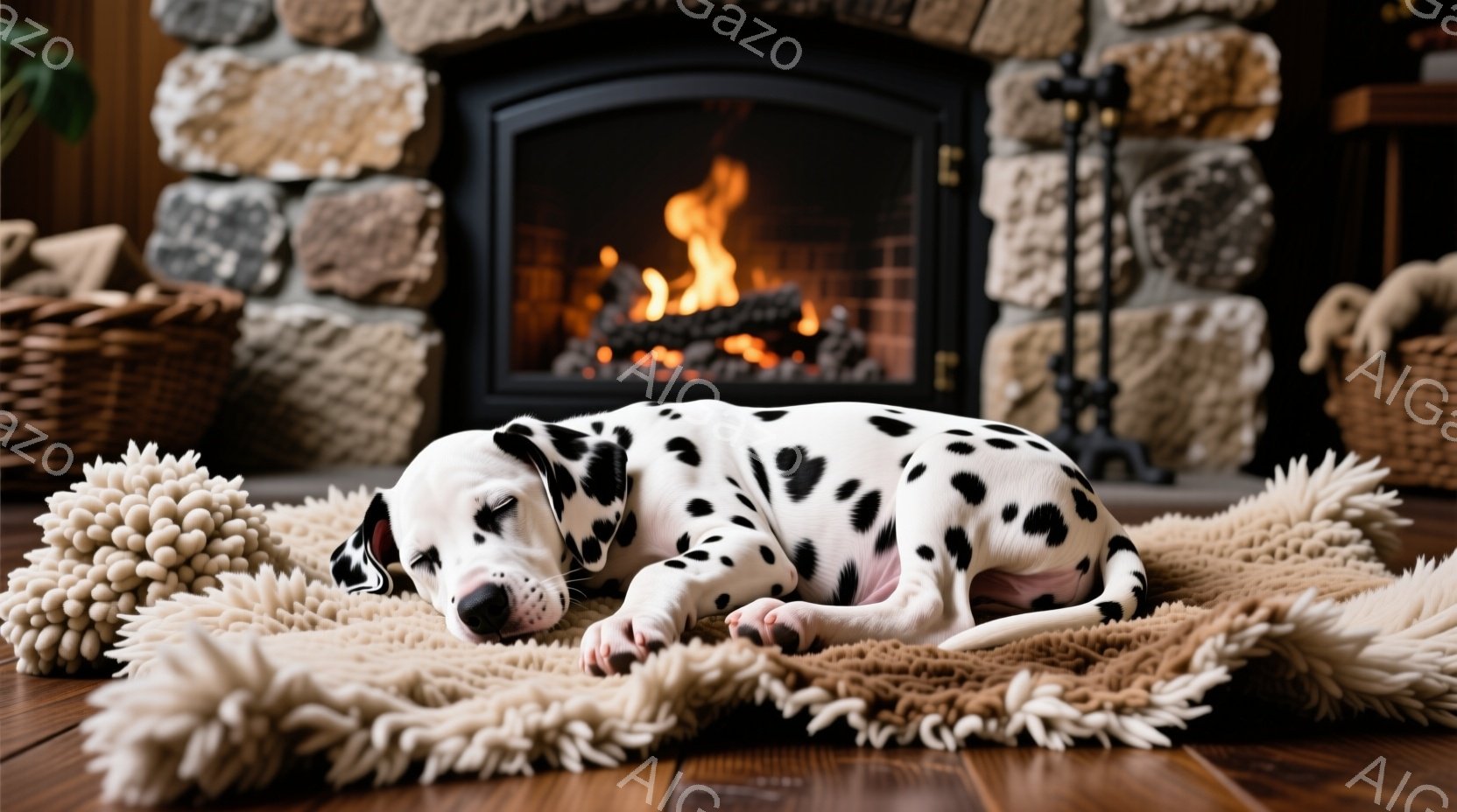 暖炉の前でダルメシアンの子犬が柔らかいラグの上で眠っています。子犬は白地に黒い斑点模様で、リラックスした姿勢で横たわり、小さなピンク色の鼻と穏やかな表情をしています。背景には石造りの暖炉があり、暖かく居心地の良い雰囲気を醸し出しています。