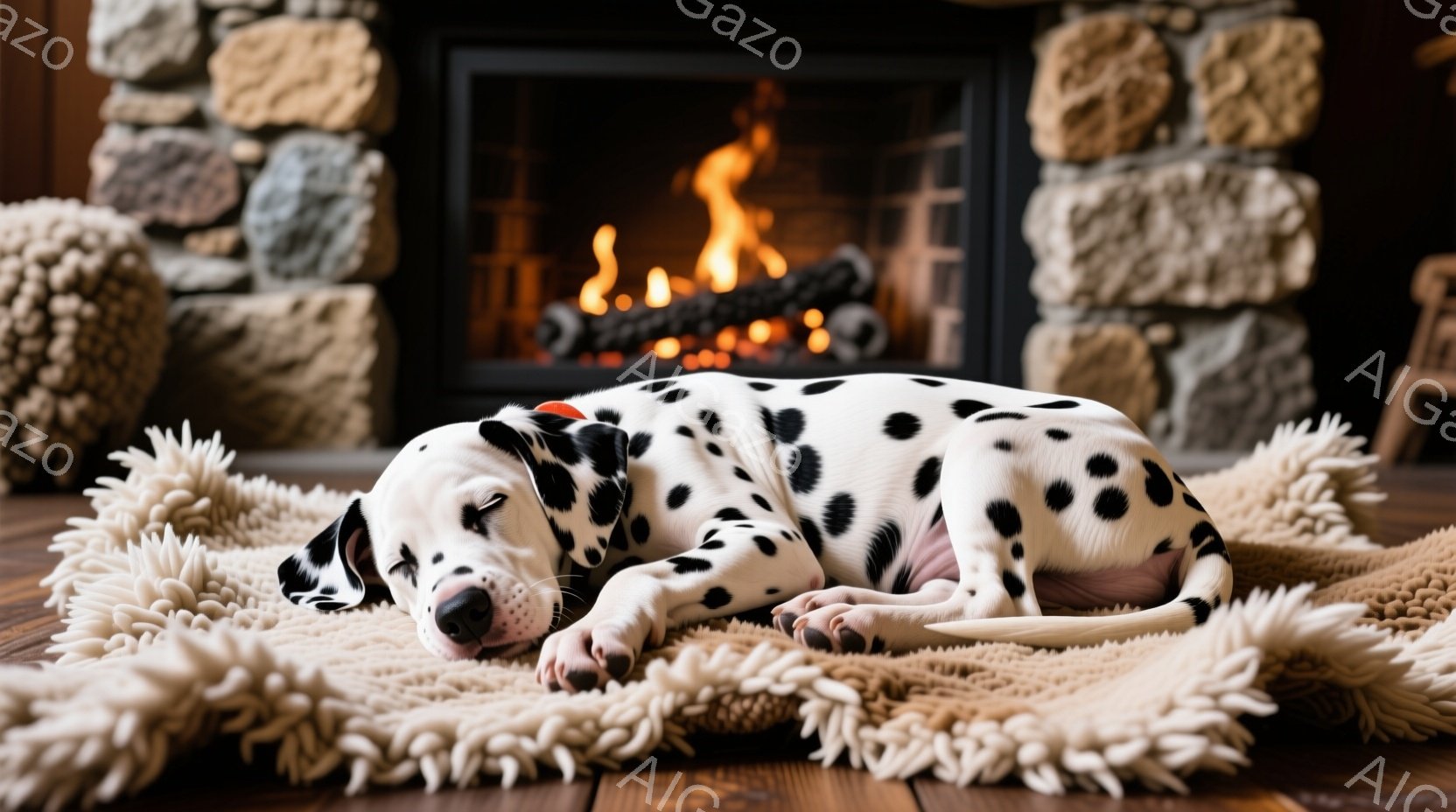 ダルメシアンの子犬がふわふわの白いラグの上で眠っています。背景には暖炉があり、燃え盛る炎が温かい光を投げかけています。暖炉は石造りで、居心地の良い、リラックスした雰囲気を醸し出しています。 - AI生成フリー素材