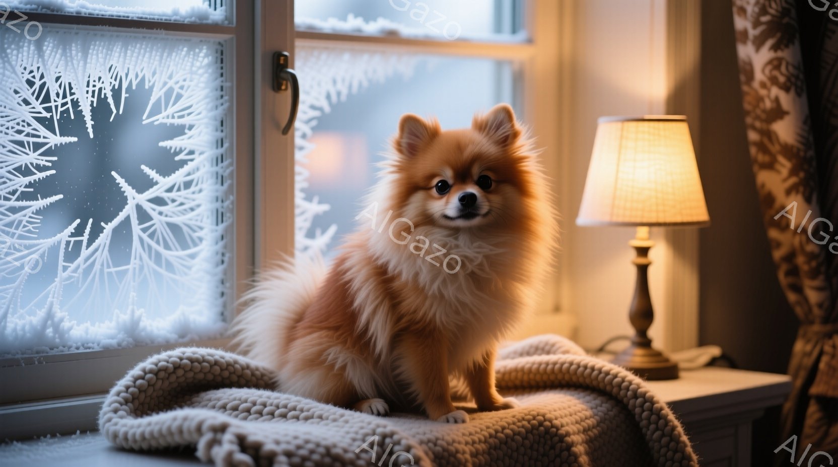 窓辺にふわふわの茶色のポメラニアンが座っています。窓には雪の結晶のような模様が描かれており、背景はぼやけていますが、冬の風景であることがわかります。暖色のテーブルランプと柔らかいブランケットが、温かく - AI生成フリー素材