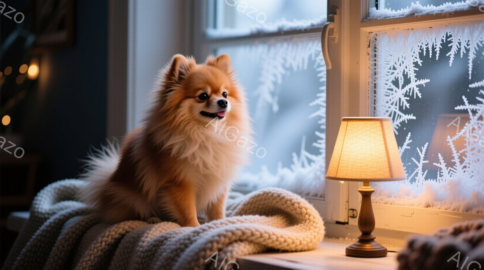 ポメラニアン犬が窓辺の柔らかい毛布の上に座っており、窓ガラスには雪の結晶模様が描かれています。犬は少し口を開けていて、穏やかでリラックスした表情をしています。背景にはぼやけた光が見え、全体的に暖かく、 - AI生成フリー素材