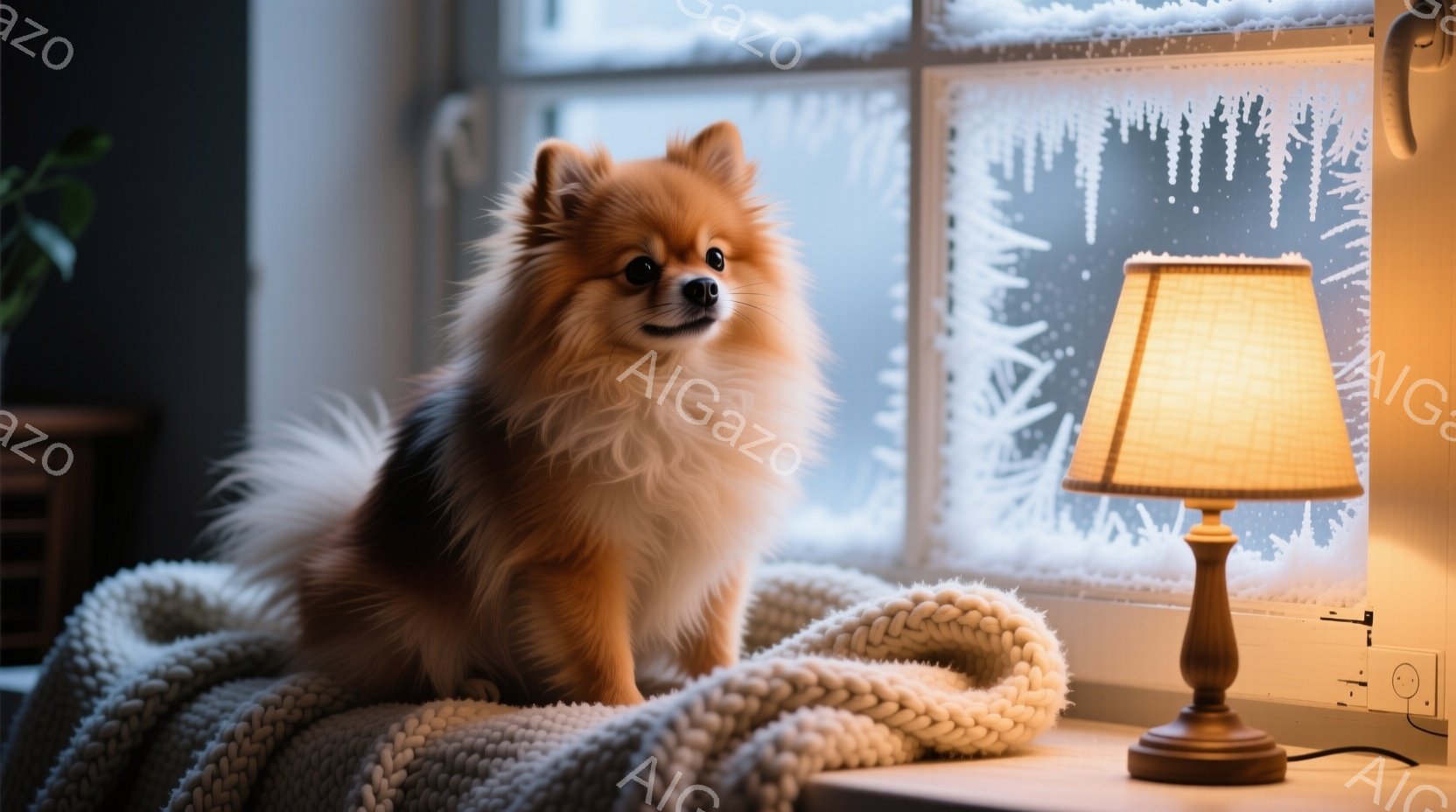 ふわふわの茶色の毛並みを持つポメラニアンが、白い編み物のブランケットの上に座っています。窓の外には雪が降り積もり、氷の結晶が描かれています。暖色のテーブルランプが犬の隣に置かれ、暖かい雰囲気を醸し出し - AI生成フリー素材