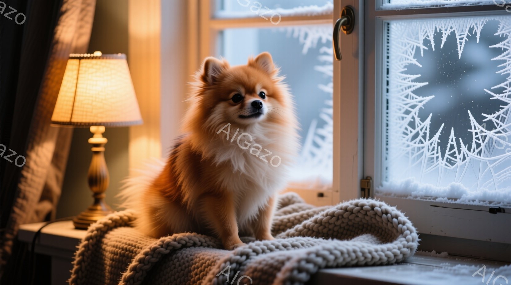 温かい光が差し込む窓辺で、毛並みの美しい茶色の小型犬が寄り窓を見つめている。犬はふわふわとした毛並みで、正面をまっすぐ見つめ、わずかに口角が上がった穏やかな表情をしている。背景には霜が描かれた窓があり - AI生成フリー素材