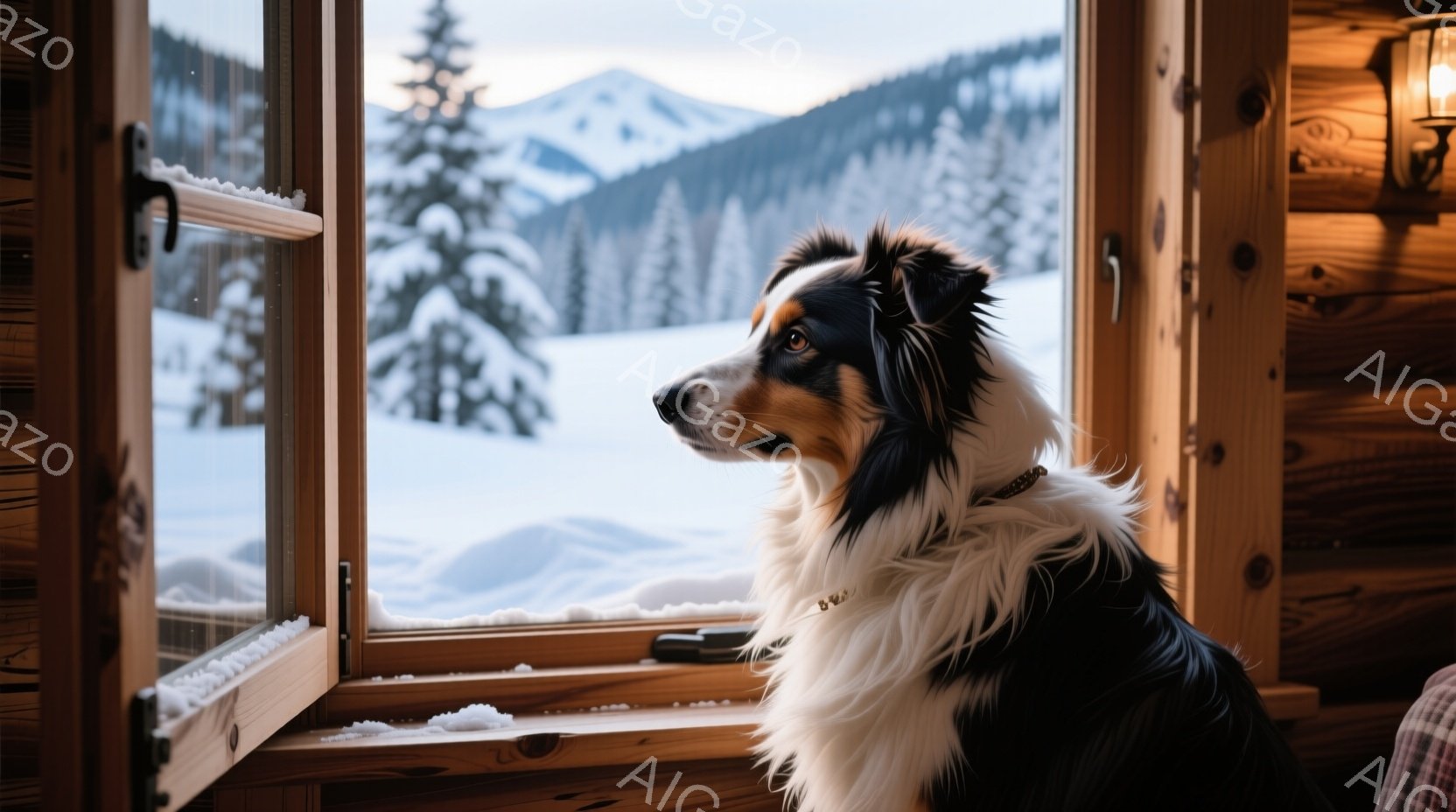 黒と白のボーダーコリーが、雪景色を眺めるように窓枠に座っています。窓の外には雪に覆われた山々と森林が広がり、冬の静寂と美しさを表現しています。室内は木製の壁で暖かく、窓枠には雪が積もり、穏やかで安らぎ - AI生成フリー素材