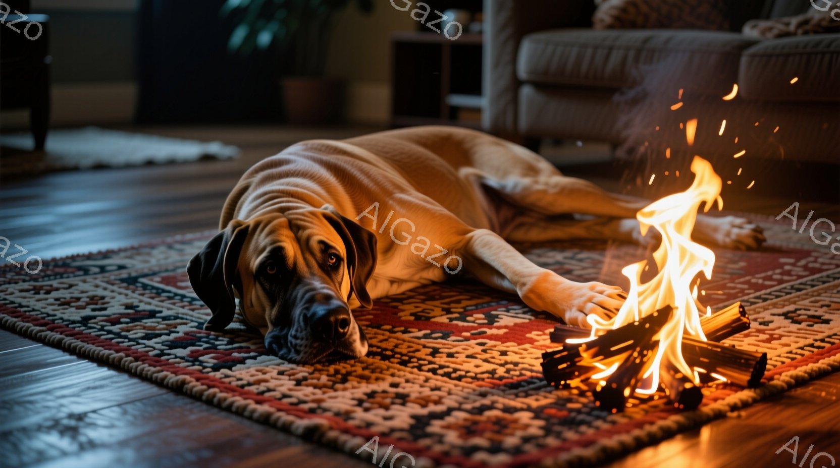 暖炉の前に敷かれた敷物の上で、大きな犬が横たわっています。犬はリラックスした表情で、暖炉の温かさを楽しんでいるようです。背景にはソファが見え、室内は落ち着いた雰囲気で、暖炉の炎が部屋を明るく照らしてい - AI生成フリー素材