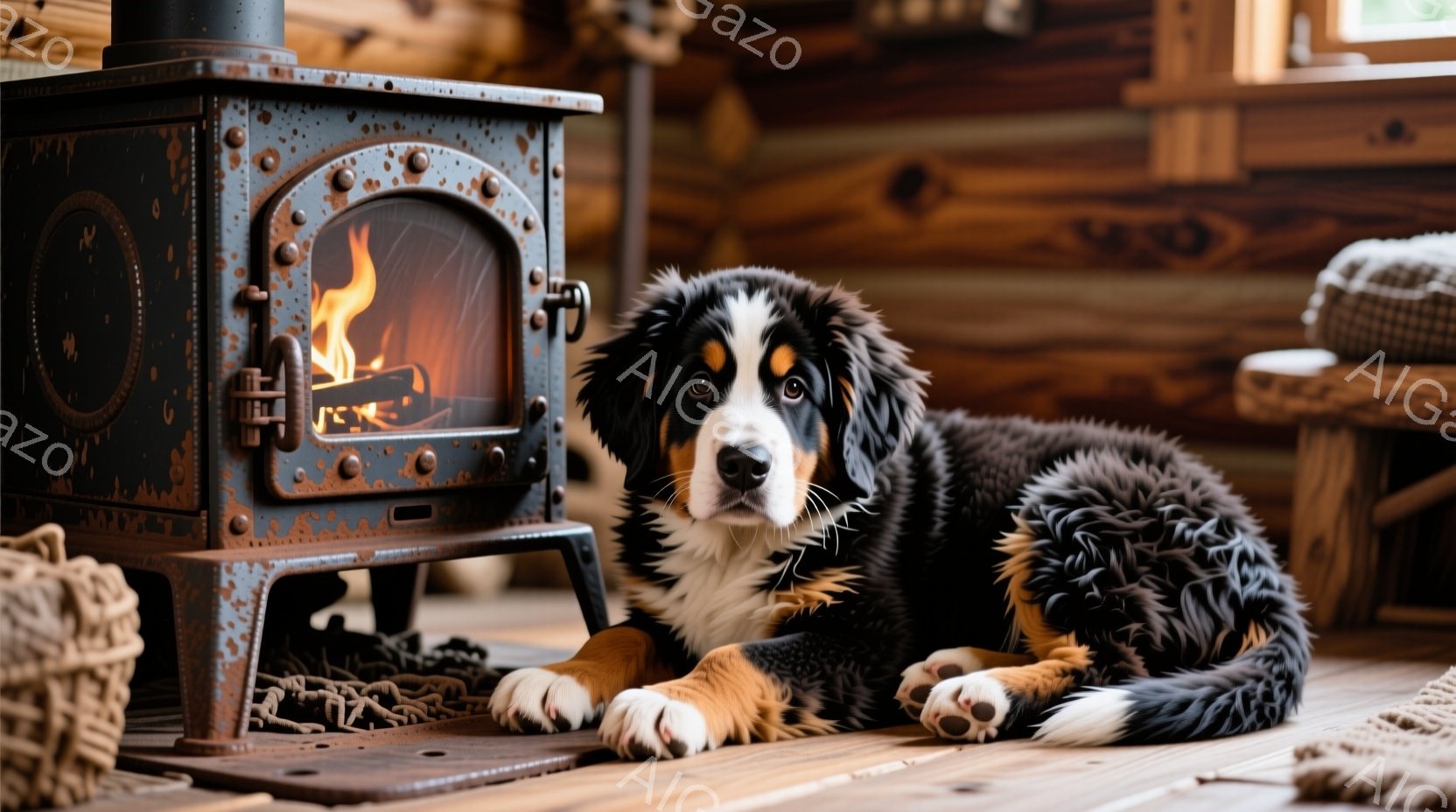 暖炉のそばで、美しいベルニース・マウンテン・ドッグがリラックスして横たわっています。黒、白、茶色の毛並みが特徴的で、穏やかな表情でカメラを見つめています。背景は木の壁でできた居間のような場所で、暖かく落ち着いた雰囲気を感じさせます。