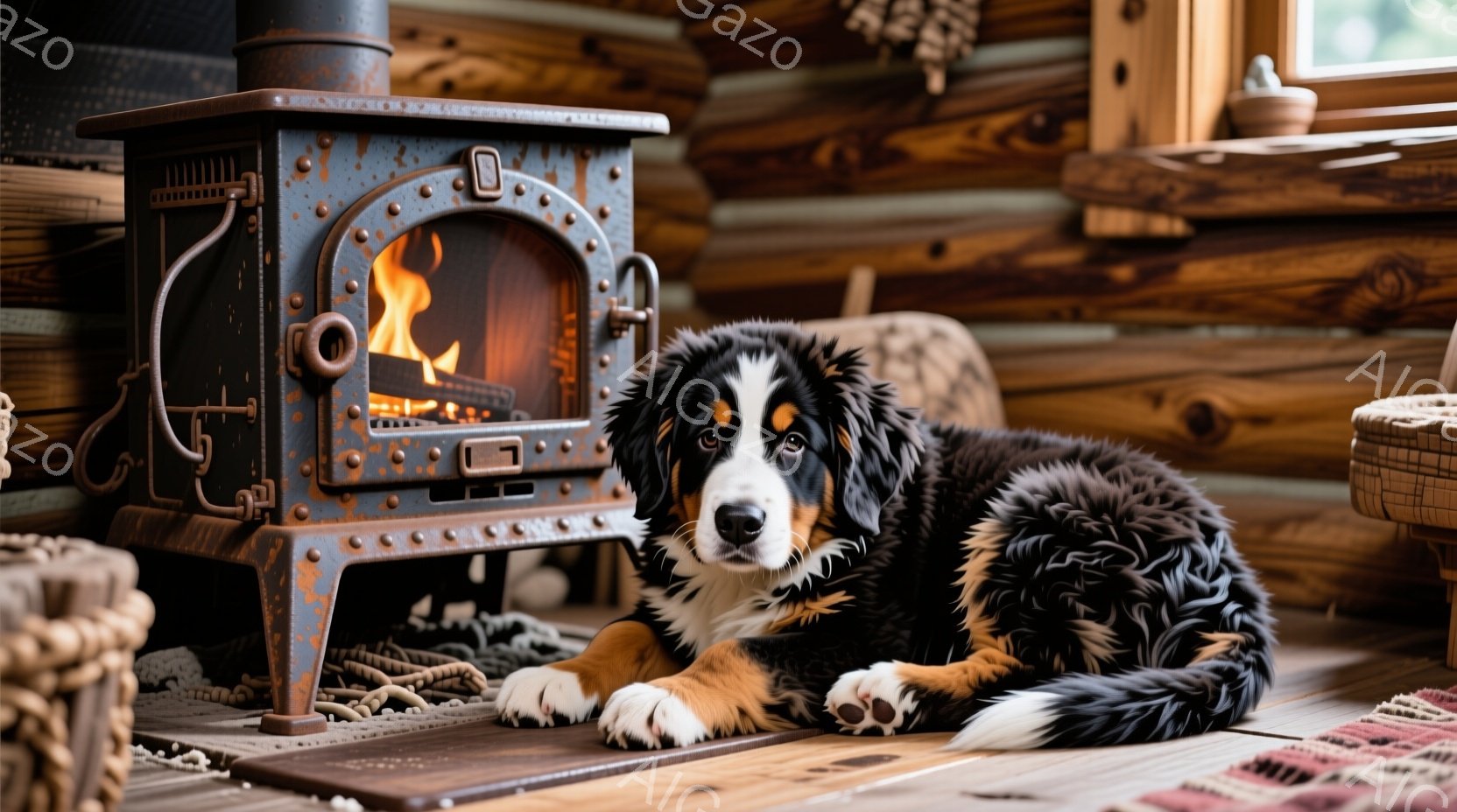 黒と白と茶色の毛並みを持つバーニーズ・マウンテン・ドッグが、暖炉の前に横たわっています。その表情は穏やかで、リラックスしている様子が伺えます。背景は木の壁で覆われた室内で、素朴で温かい雰囲気が漂ってい - AI生成フリー素材