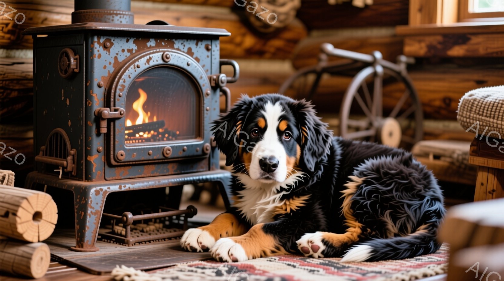 暖炉のそばに、ベルン山犬がリラックスして横たわっています。犬は白、黒、茶色の毛並みで、穏やかな表情でカメラを見つめています。背景には木の壁と古風な装飾が施され、暖かく居心地の良い雰囲気を作り出しています。