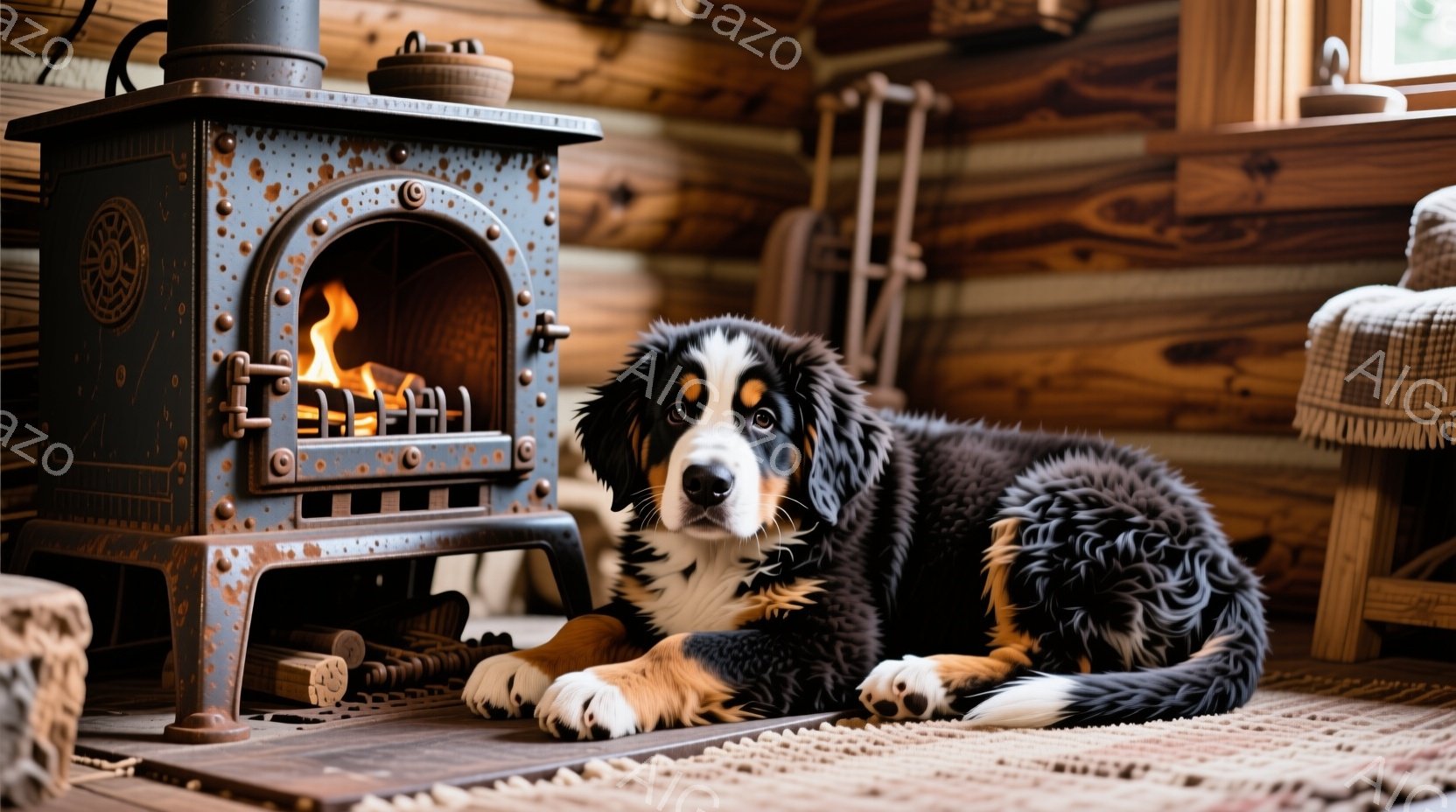 暖炉のそばで、美しいトライカラーのバーニーズマウンテン犬がリラックスして横たわっています。犬は大きく、ふさふさとした毛並みで、落ち着いた表情で正面を見つめています。背景は木の壁で覆われた室内で、暖炉の炎が温かく照らし、素朴で居心地の良い雰囲気を醸し出しています。