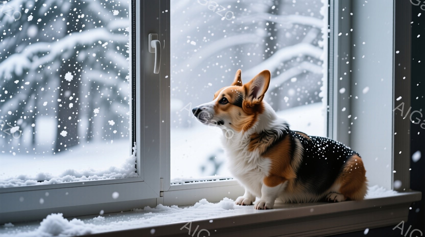 白い窓枠にコルギの犬が座り、外の雪景色を眺めている。犬は茶色と黒の毛並みで、少し物憂げな表情で遠くを見つめている。背景には雪に覆われた木々とぼやけた冬の風景が広がり、静かで穏やかな雰囲気を醸し出してい - AI生成フリー素材