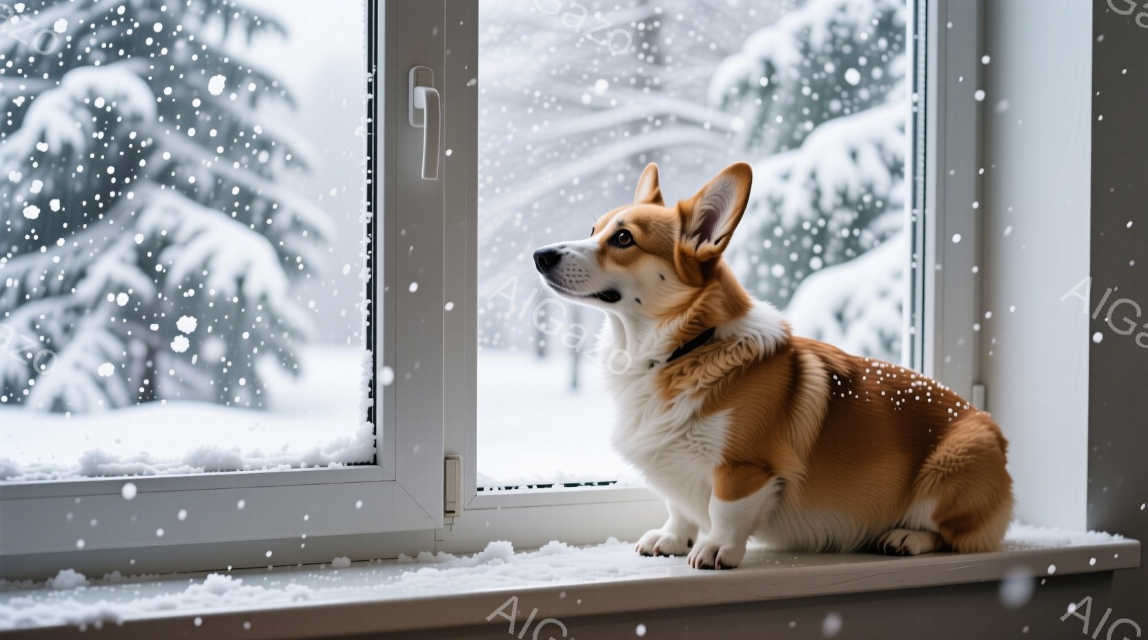 白い窓枠にコルギ犬が座り、外の雪景色を眺めている。犬は茶色と白の毛並みで、首輪をつけており、少し上を見上げて凛とした表情をしている。背景には雪に覆われた木々と、視界を遮るほどの雪が降り積もる冬の風景が広がり、静かで穏やかな雰囲気を醸し出している。