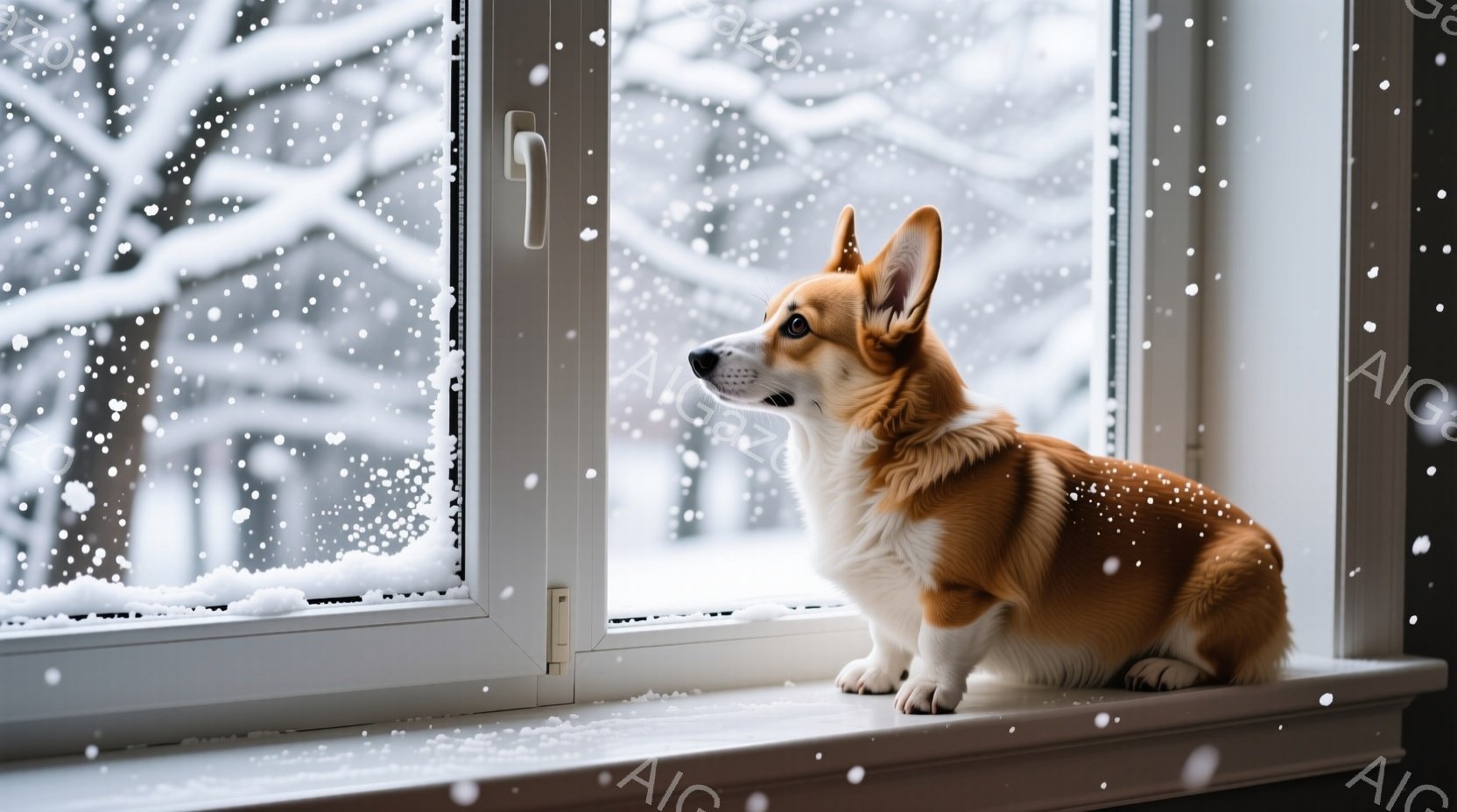 白い窓枠にコルギ犬が座り、外を眺めている。雪が降る冬の景色が窓ガラス越しに見え、犬はわずかに顔を上げ、何かを期待しているような表情をしている。全体的に、暖かく穏やかな冬の日の雰囲気が漂っている。 - AI生成フリー素材