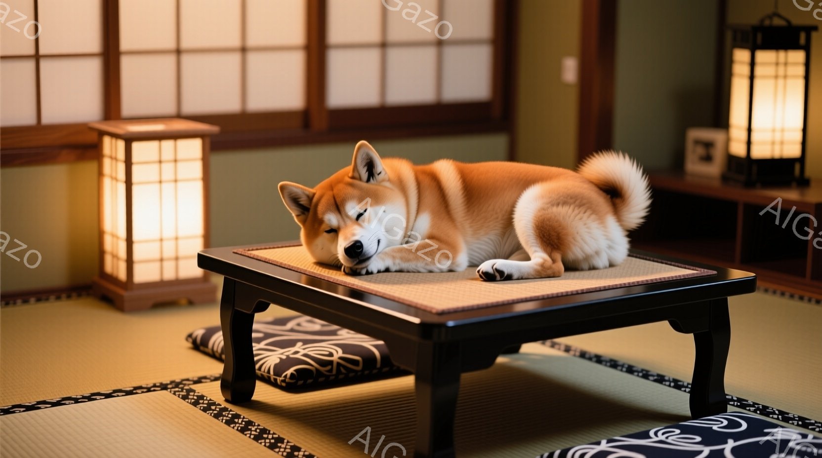 柴犬が畳の上に置かれた低い黒いテーブルの上で横たわって眠っています。犬はリラックスした表情で、目は閉じており、穏やかな雰囲気を醸し出しています。背景には、伝統的な和室の緑色の壁と、ぼんやりとした光を放つ行灯が見え、静かで落ち着いた空間を作り出しています。