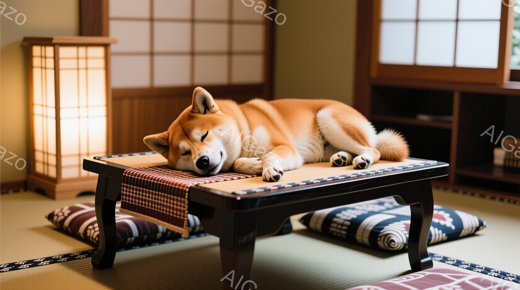 畳の部屋の中に、柴犬が小さな座卓の上で安らかに眠っています。犬は体を横に伸ばし、目を閉じ、リラックスした表情をしています。座卓の下にはクッションが置かれ、背景には本棚が見え、落ち着いた和風の雰囲気が漂 - AI生成フリー素材