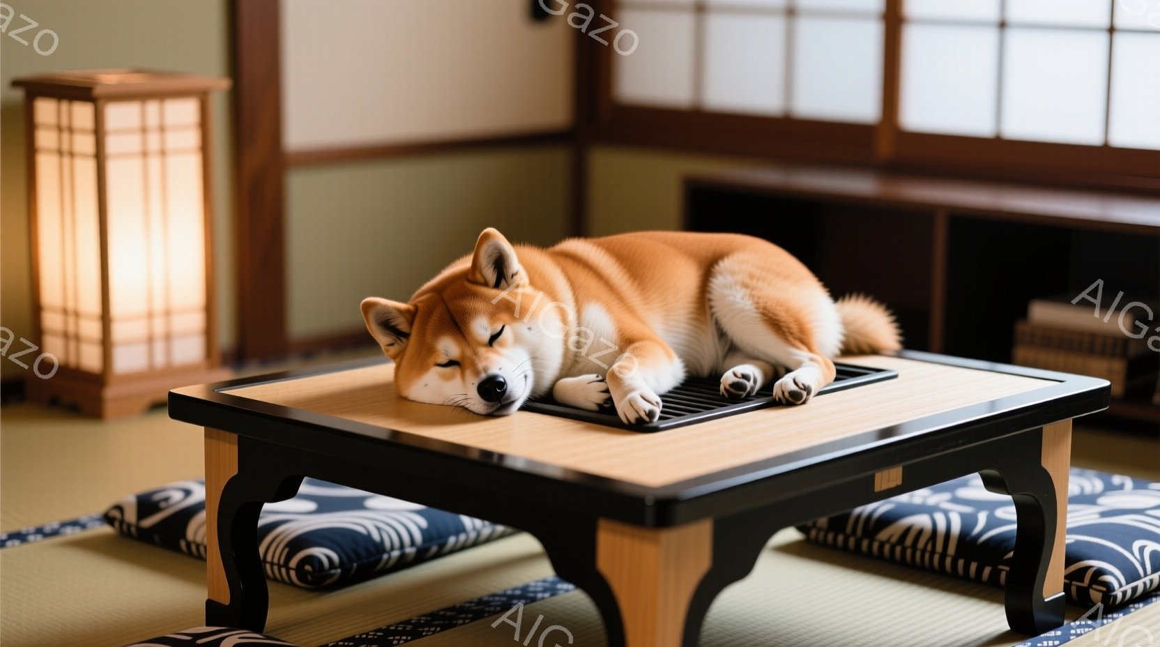 畳の上に低めの座卓があり、その上に柴犬が仰向けになって眠っています。犬はオレンジ色の毛並みで、前足は胸の前で組み、リラックスした表情をしています。背景には障子や壁掛けがあり、落ち着いた和室の雰囲気が漂 - AI生成フリー素材