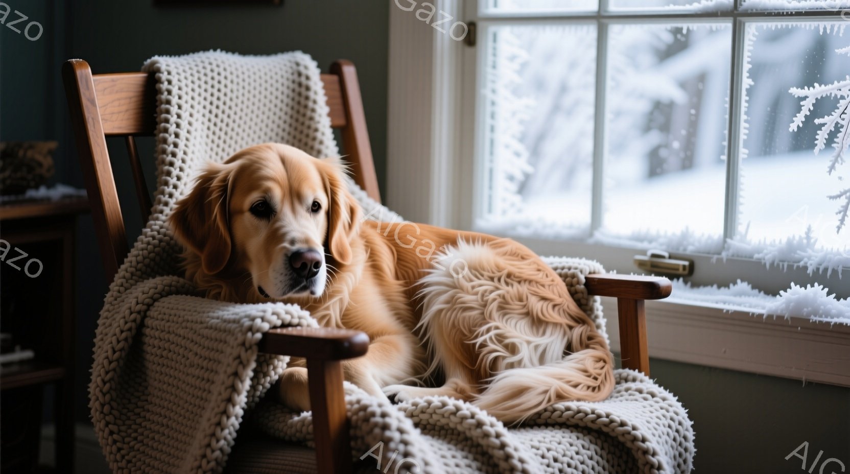 ゴールデンレトリバーが木製の椅子に横たわり、クリーム色のざっくりとした編み物のブランケットに寄りかかっている。窓の外には雪が降り積もり、冬の静かで穏やかな光が差し込んでいる。暖かく、安らぎに満ちた、ま - AI生成フリー素材