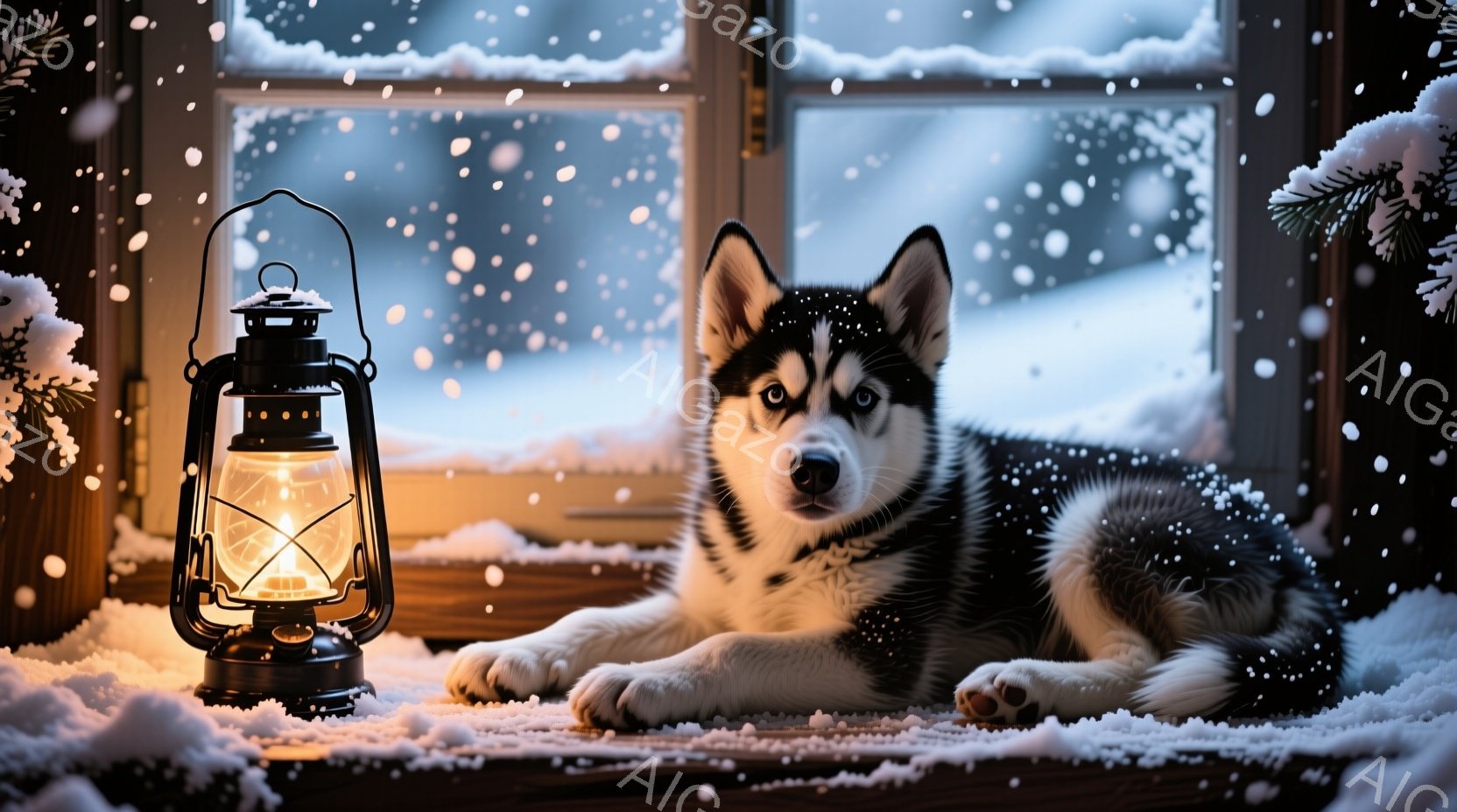 縞模様の猫が窓辺に丸まって座っており、暖かく穏やかな表情をしています。窓の外は雪が降り積もり、室内にはロウソクの灯りがちらつき、静かで落ち着いた冬の雰囲気が漂っています。窓辺には雪が積もり、室内は暖か - AI生成フリー素材